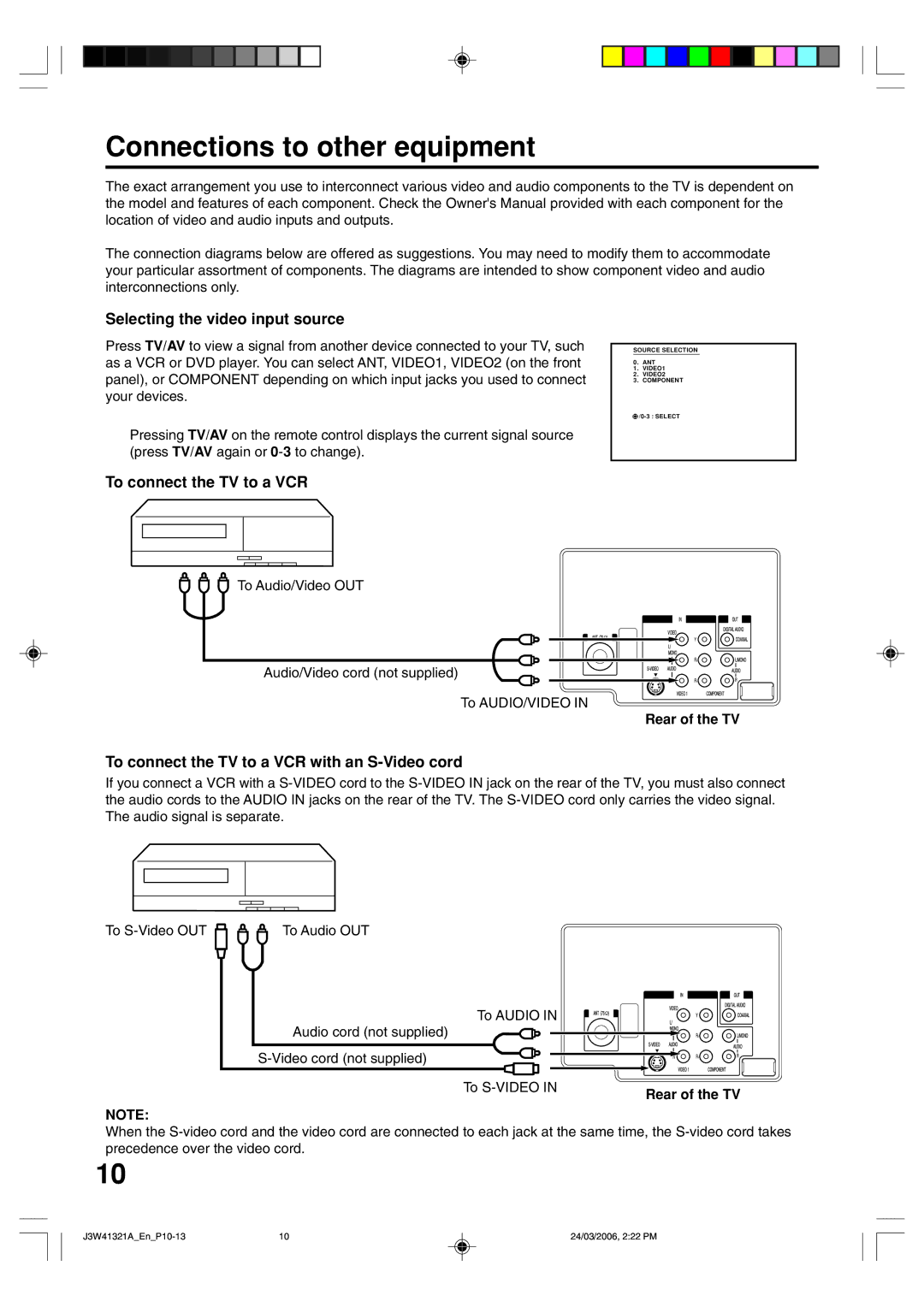 Zenith J3W41321A warranty Connections to other equipment, Selecting the video input source, To connect the TV to a VCR 