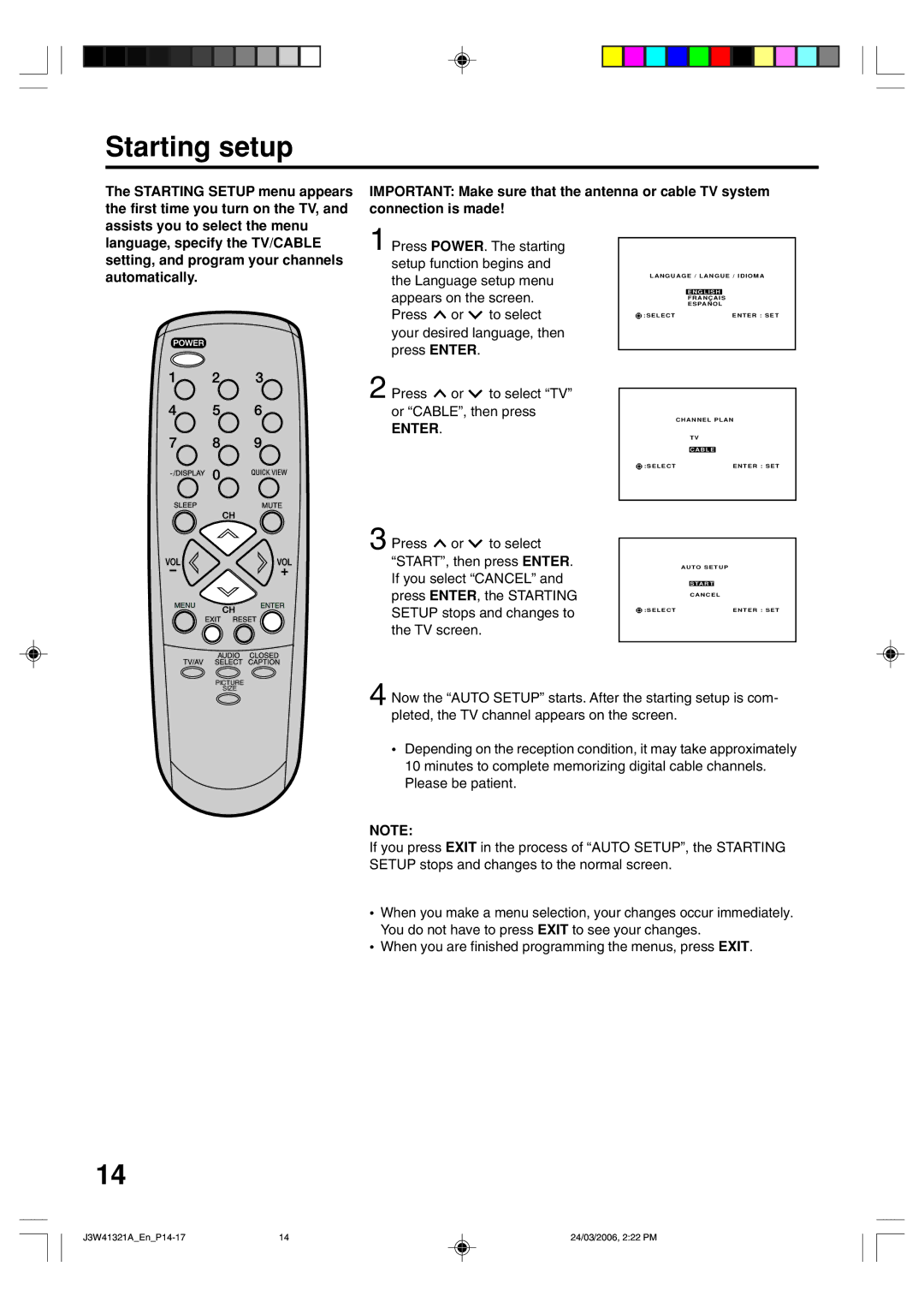 Zenith J3W41321A warranty Starting setup, Enter 