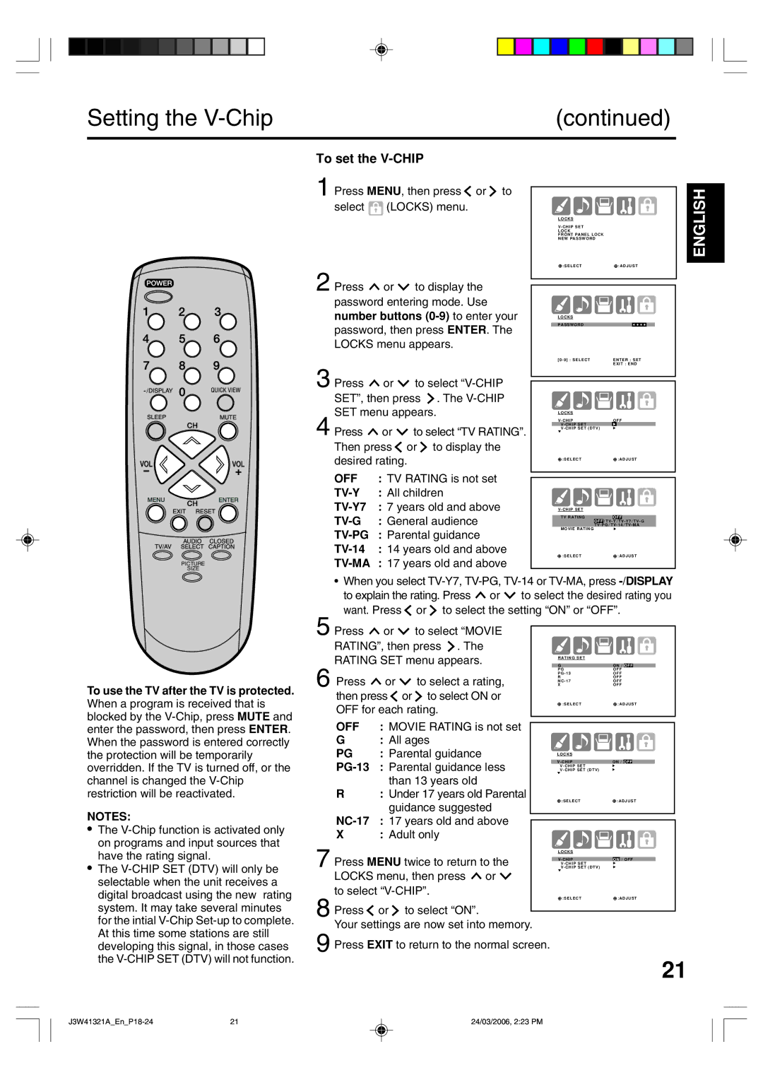 Zenith J3W41321A warranty Setting the V-Chip, To set the V-CHIP 