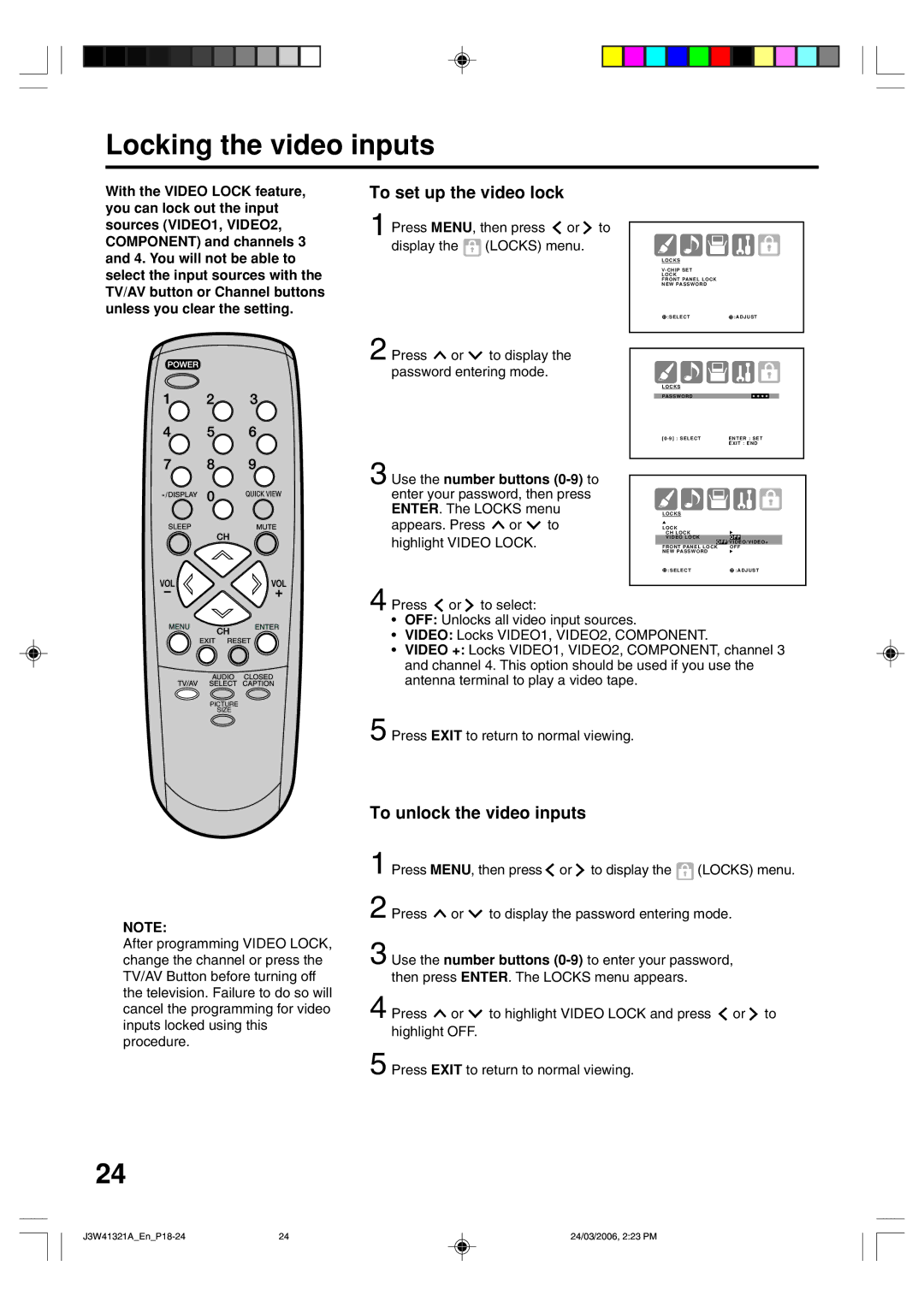 Zenith J3W41321A warranty Locking the video inputs, Press MENU, then press or to Display the Locks menu 