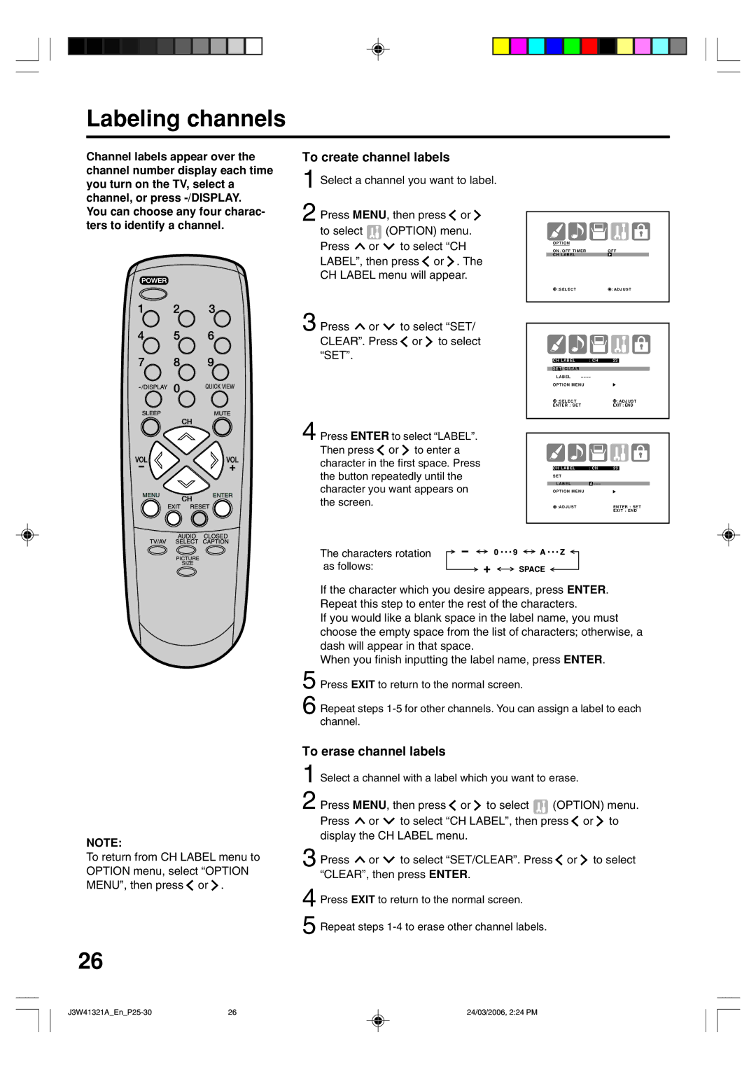 Zenith J3W41321A warranty Labeling channels, To create channel labels, To erase channel labels 