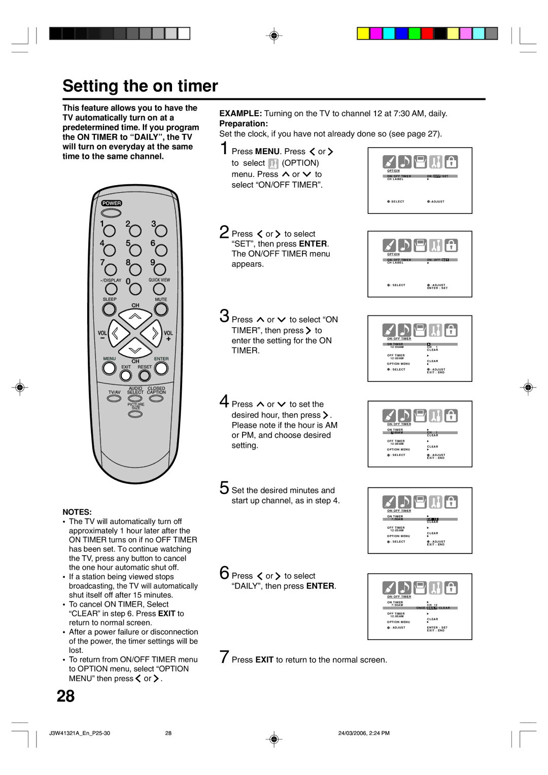 Zenith J3W41321A warranty Setting the on timer, Preparation, Option 