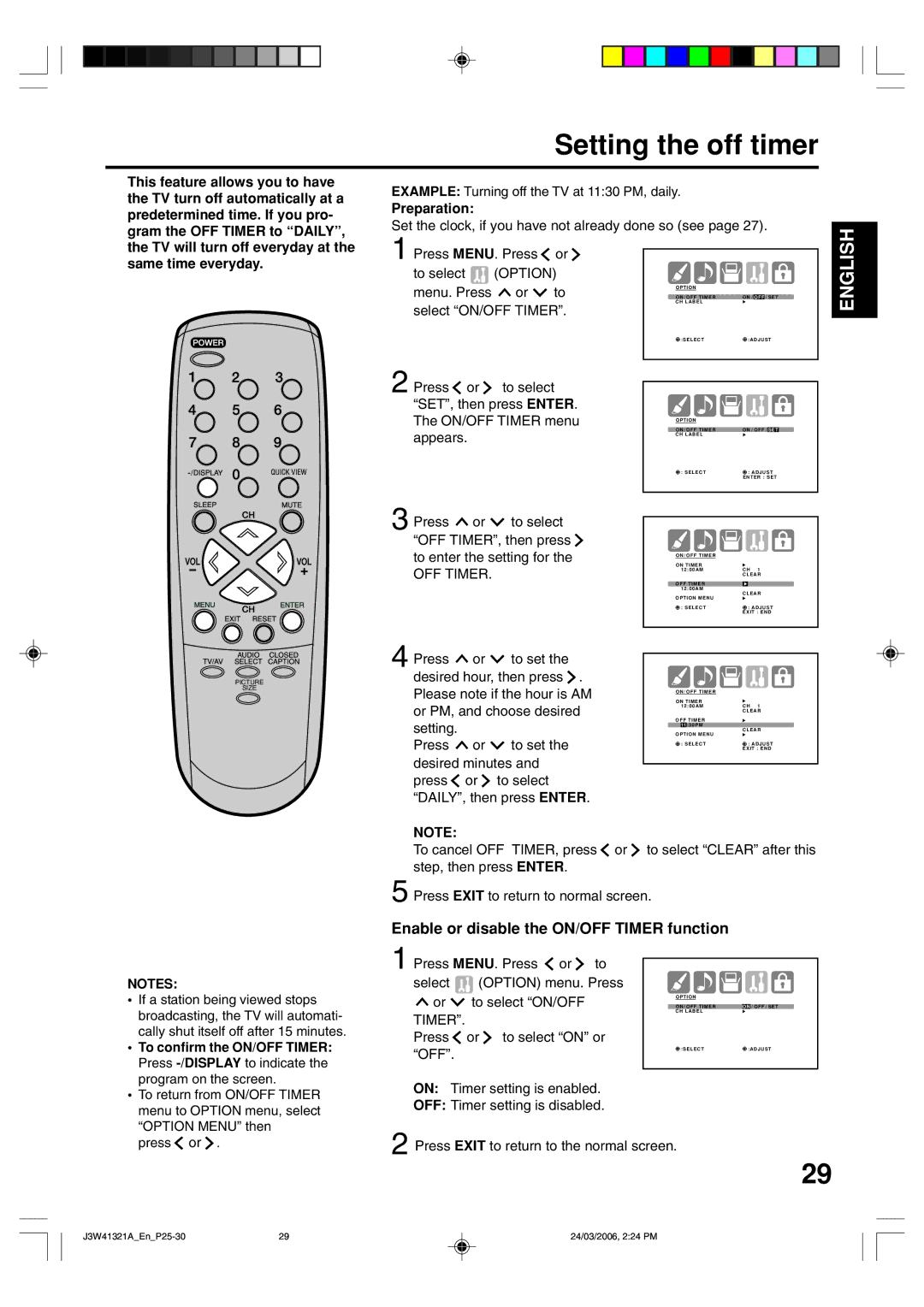 Zenith J3W41321A warranty Setting the off timer, Enable or disable the ON/OFF Timer function 