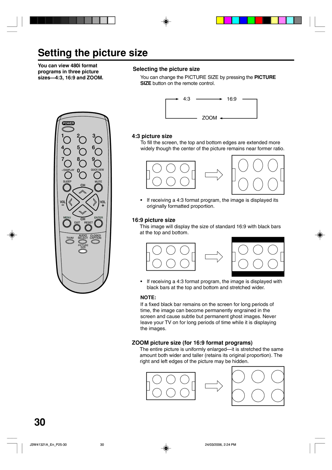 Zenith J3W41321A warranty Setting the picture size, Selecting the picture size, Picture size, Zoom 