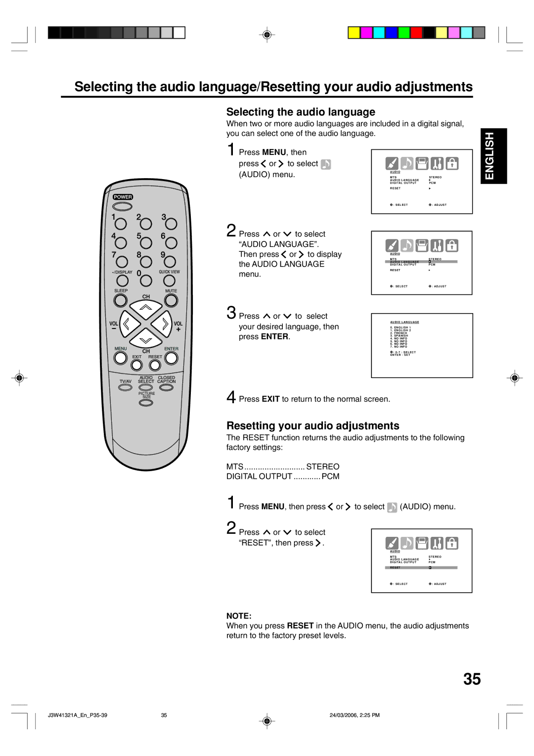 Zenith J3W41321A warranty Press MENU, then Press or to select Audio menu, Audio Language, MTS Stereo, Pcm 