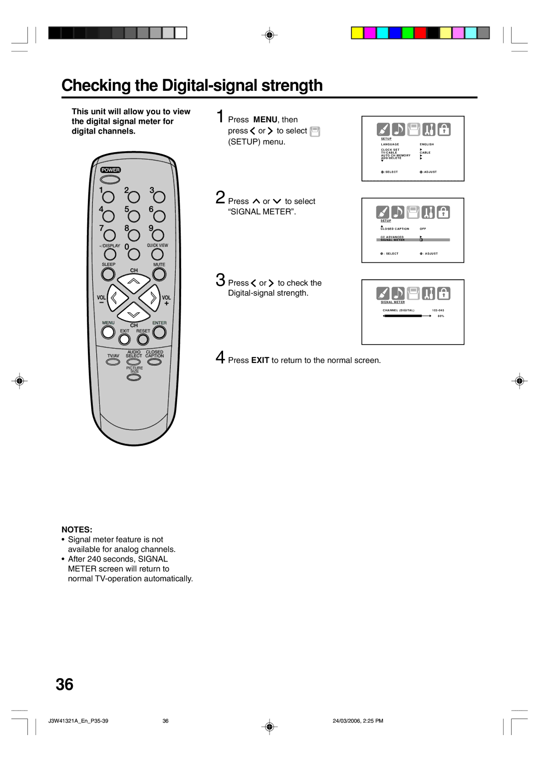 Zenith J3W41321A warranty Checking the Digital-signal strength, Press MENU, then press or to select Setup menu 