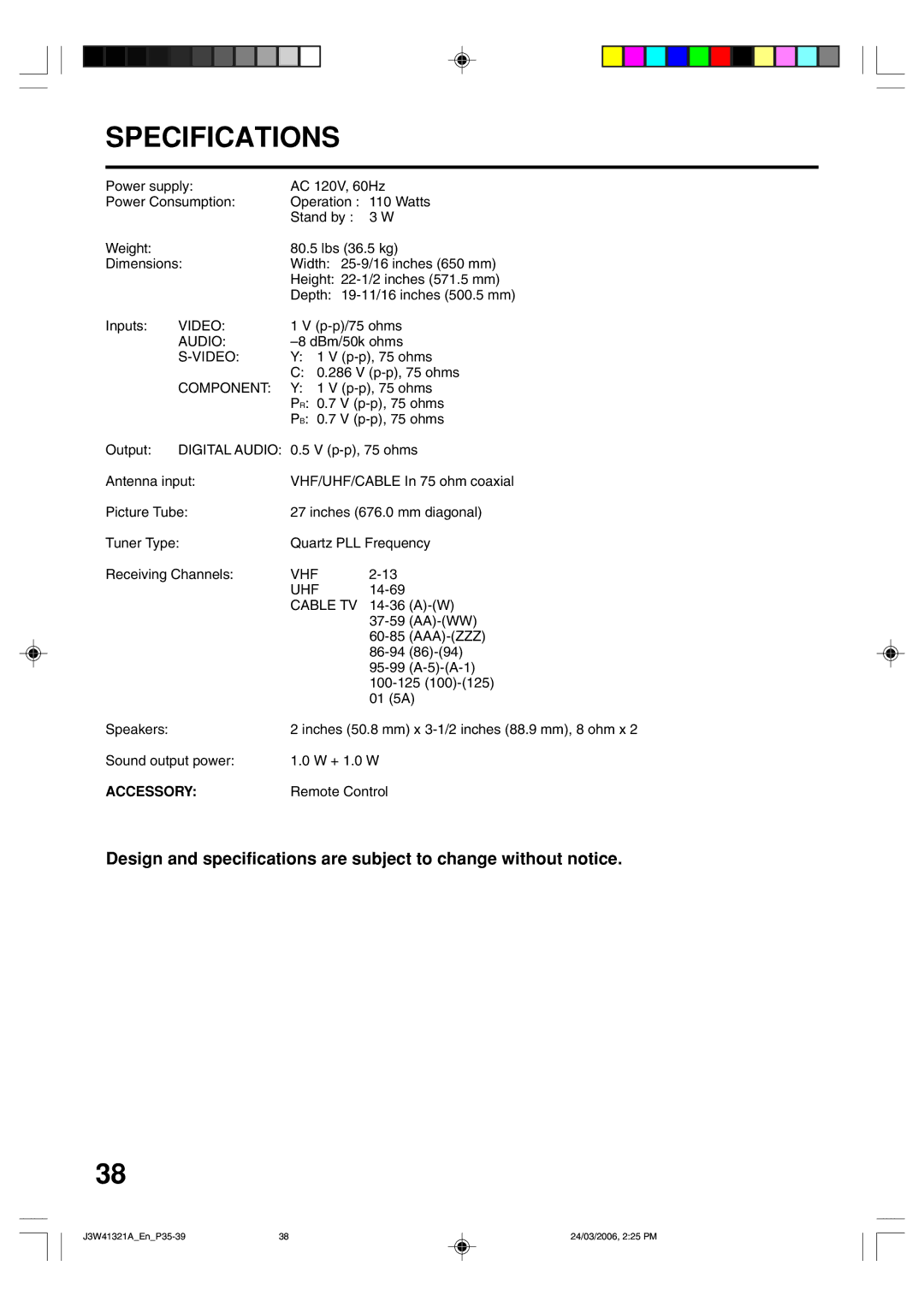 Zenith J3W41321A warranty Accessory 