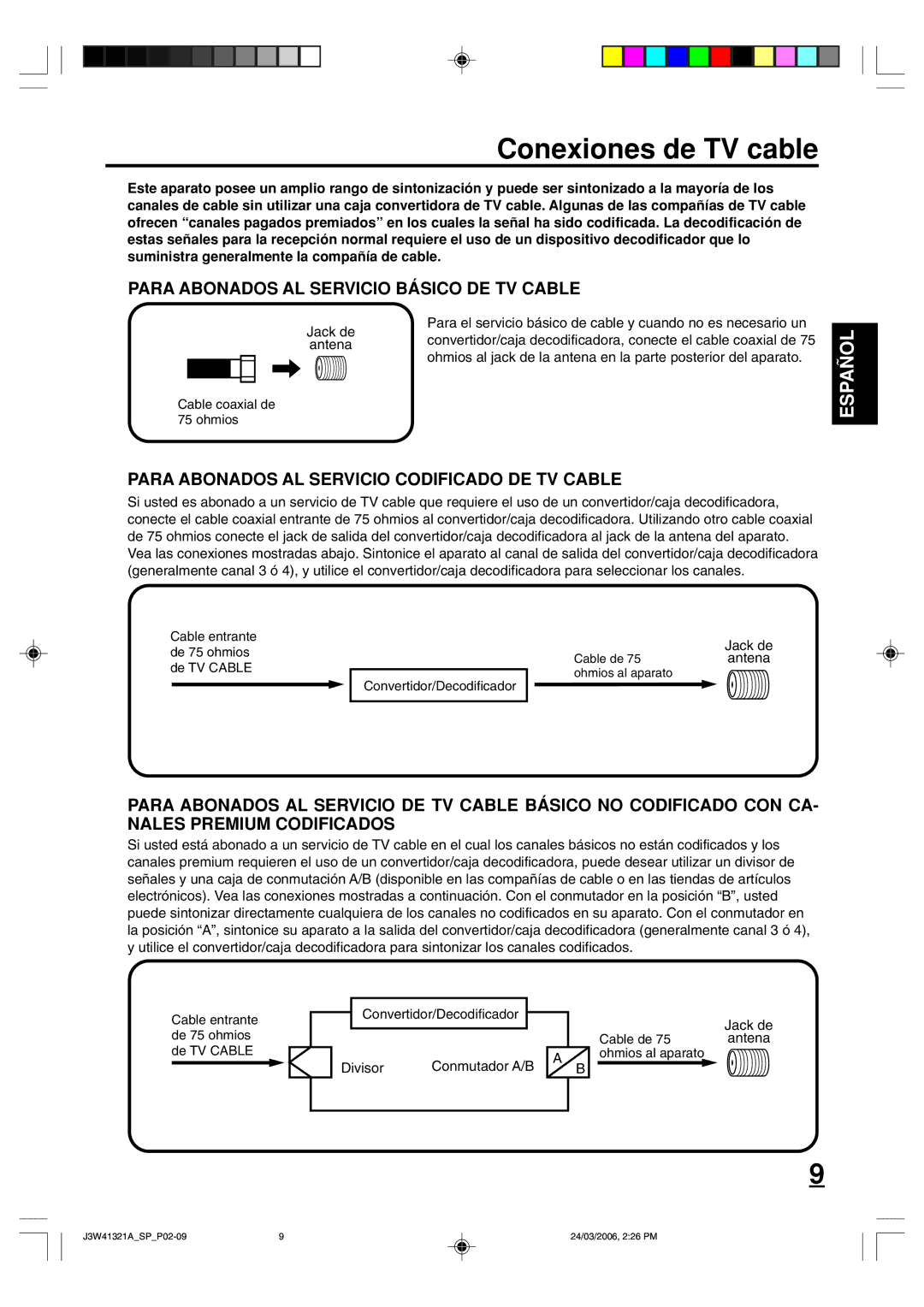 Zenith J3W41321A warranty Conexiones de TV cable, Convertidor/Decodificador Divisor Conmutador A/B Jack de 