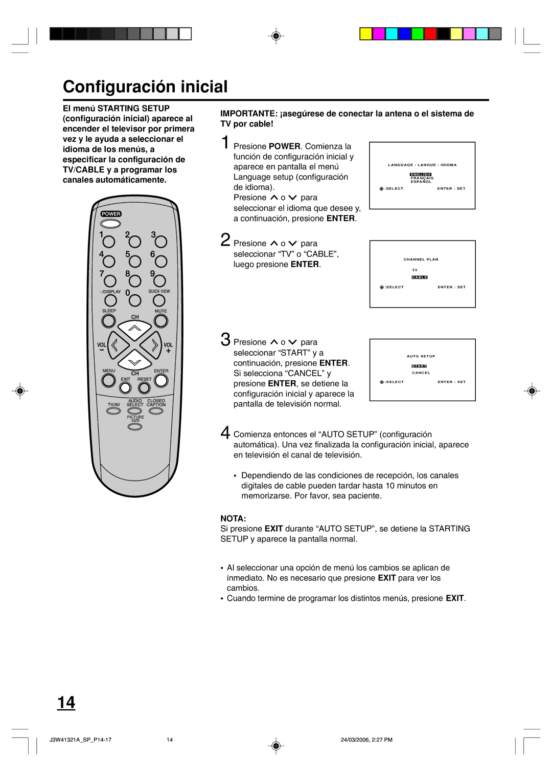 Zenith J3W41321A warranty Configuración inicial, Nota 