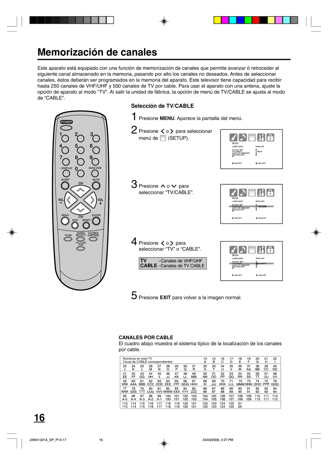 Zenith J3W41321A warranty Memorización de canales, Selección de TV/CABLE, Setup, Canales POR Cable 