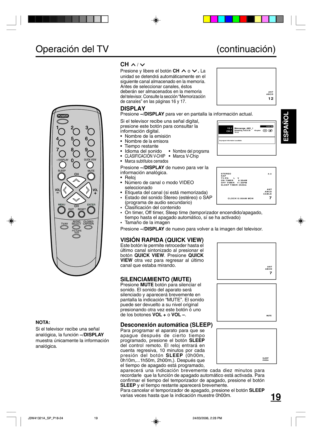 Zenith J3W41321A warranty Operación del TV Continuación 