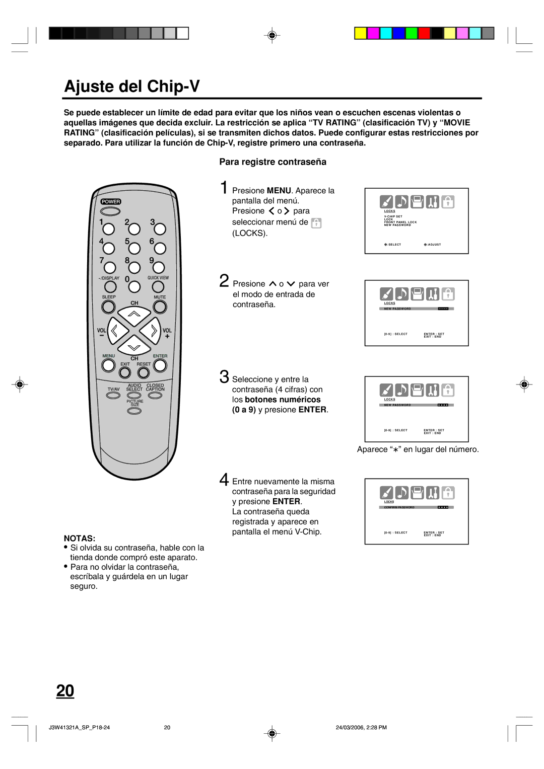 Zenith J3W41321A warranty Ajuste del Chip-V, Para registre contraseña, y presione Enter, Aparece en lugar del número 