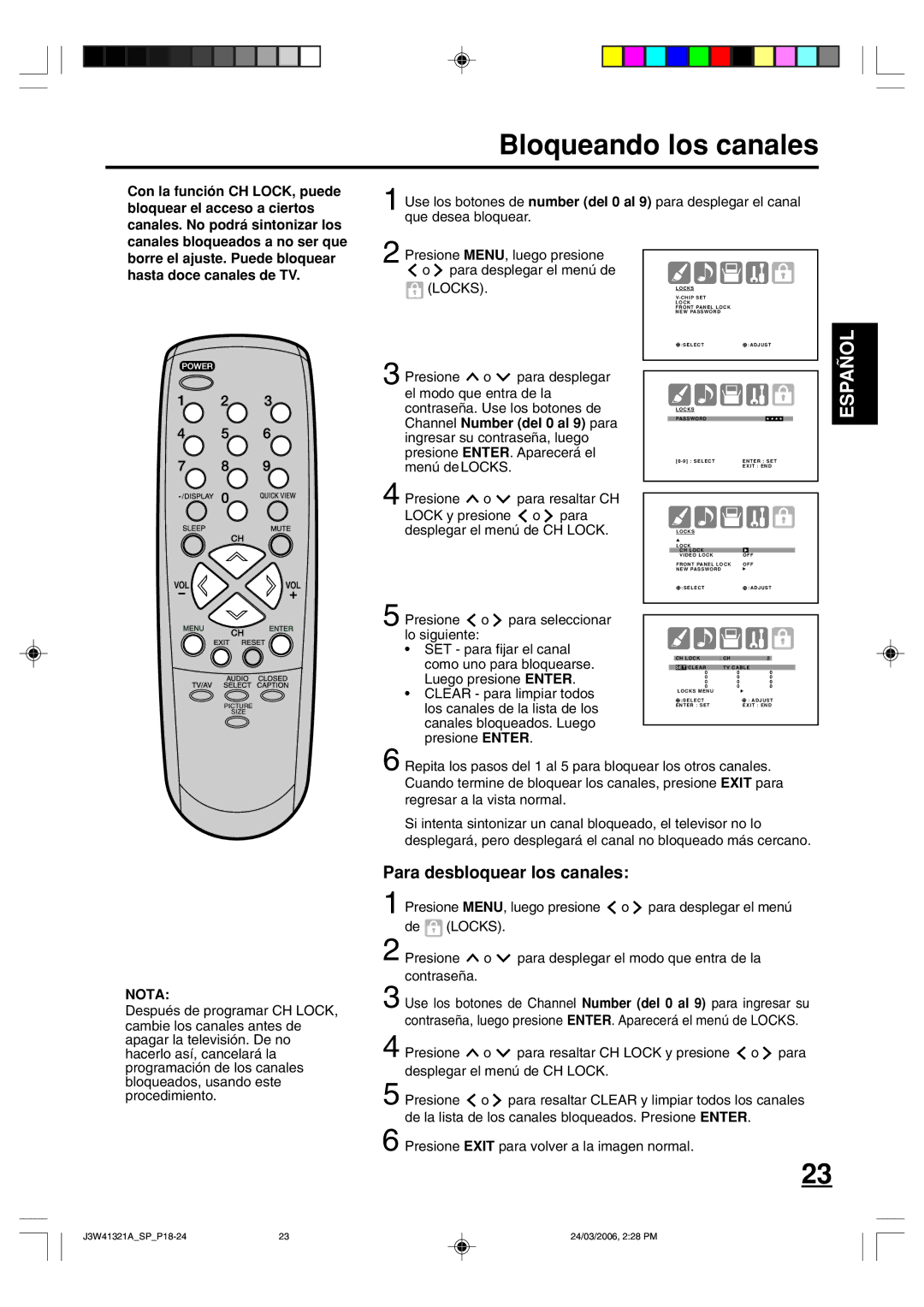 Zenith J3W41321A warranty Bloqueando los canales, Presione MENU, luego presione Para desplegar el menú de, Locks 