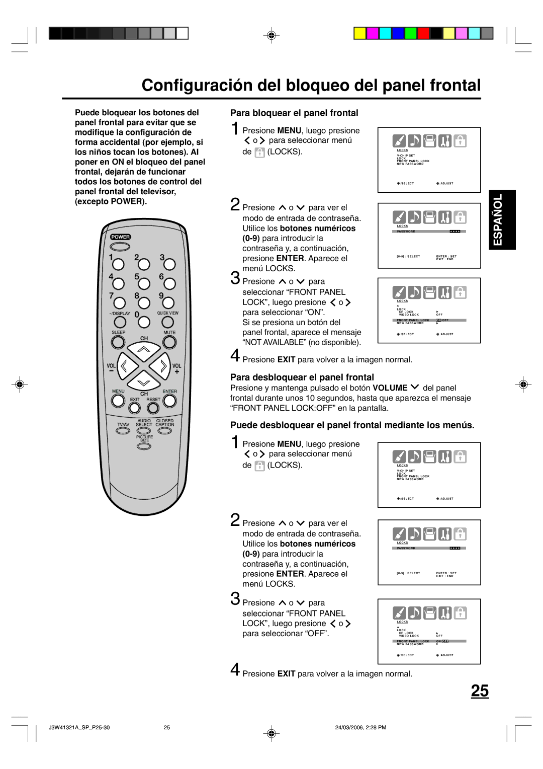 Zenith J3W41321A warranty Configuración del bloqueo del panel frontal, Para bloquear el panel frontal 