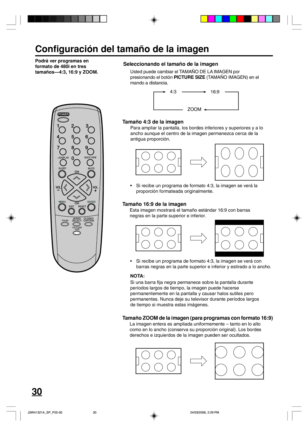 Zenith J3W41321A Configuración del tamaño de la imagen, Seleccionando el tamaño de la imagen, Tamaño 43 de la imagen 