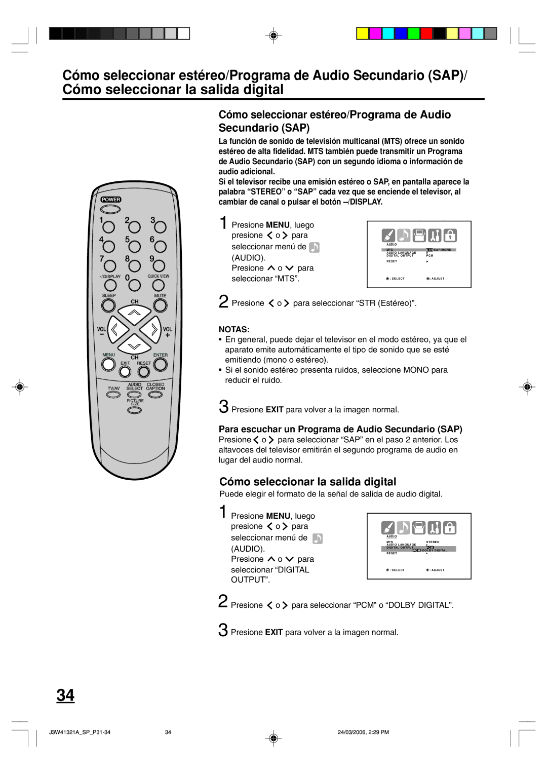 Zenith J3W41321A warranty Para escuchar un Programa de Audio Secundario SAP, Presione Para Seleccionar MTS 