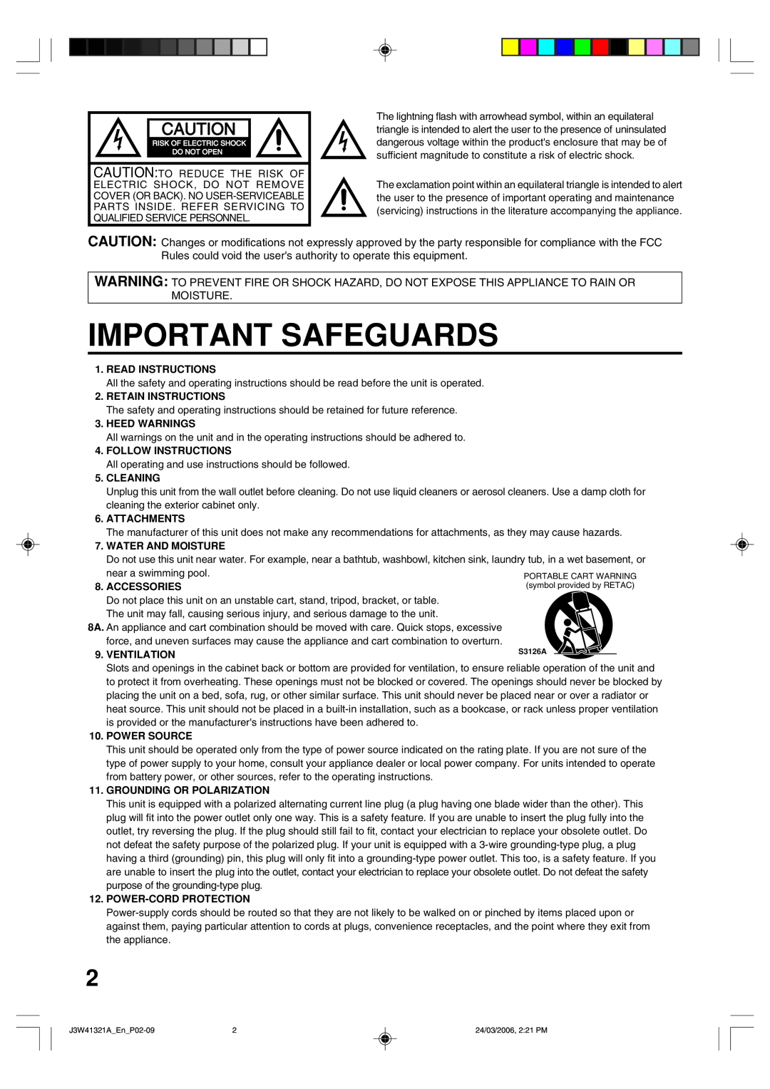 Zenith J3W41321A warranty Important Safeguards 