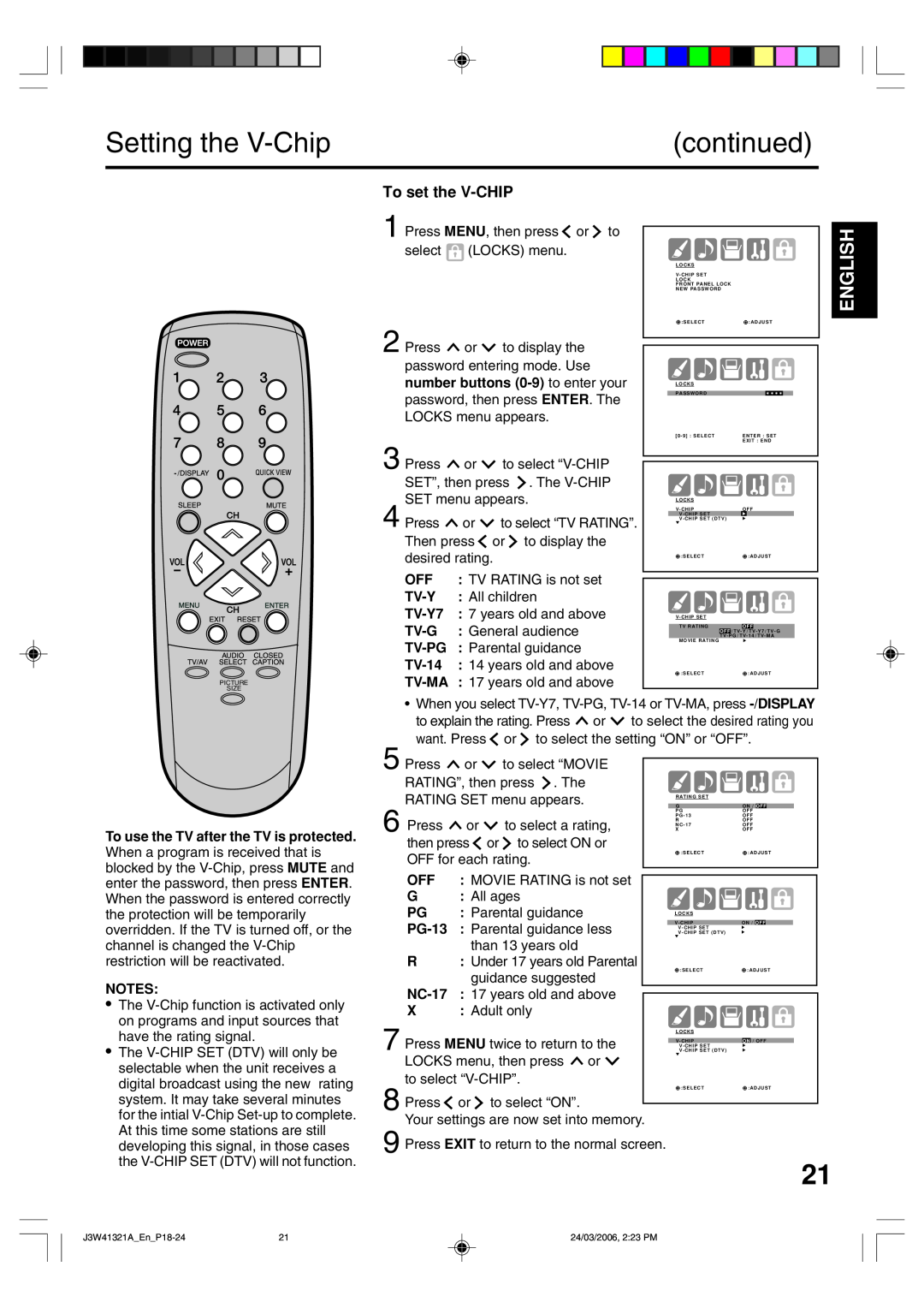 Zenith J3W41321A Setting the V-Chip, continued, English, To set the V-CHIP, number buttons 0-9 to enter your, Tv-Y, TV-Y7 