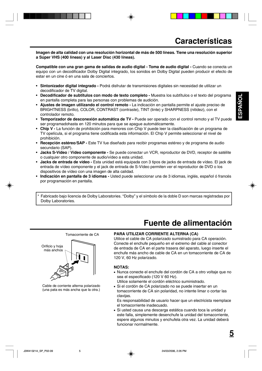 Zenith J3W41321A warranty Características, Fuente de alimentación, Español, Para Utilizar Corriente Alterna Ca, Notas 