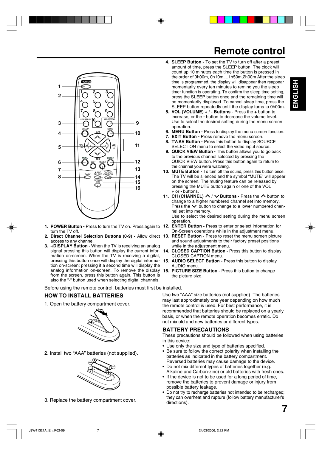 Zenith J3W41321A warranty Remote control, English, How To Install Batteries, Battery Precautions 