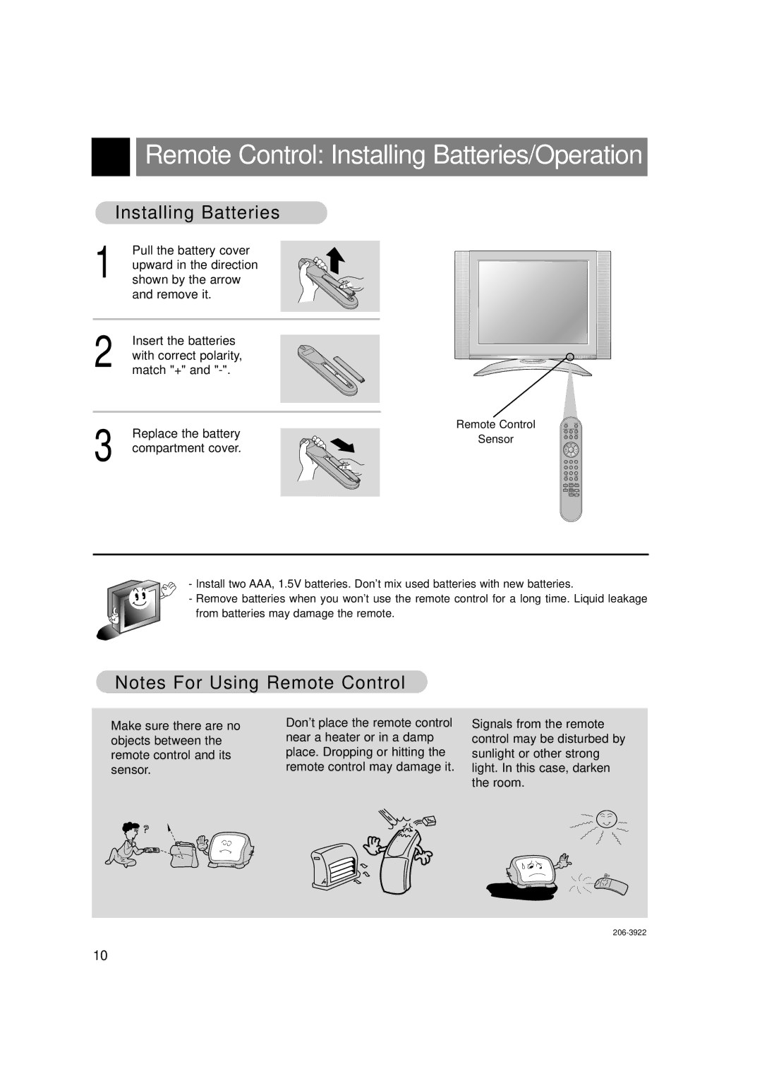 Zenith L15V36, L20V36 warranty Remote Control Installing Batteries/Operation 