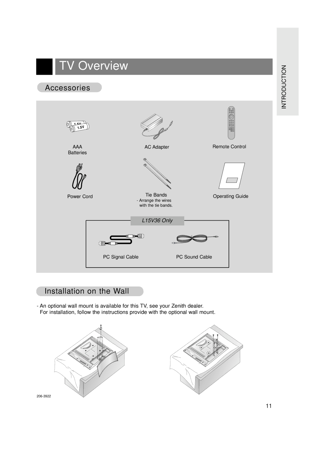 Zenith L20V36, L15V36 warranty Accessories, Installation on the Wall 