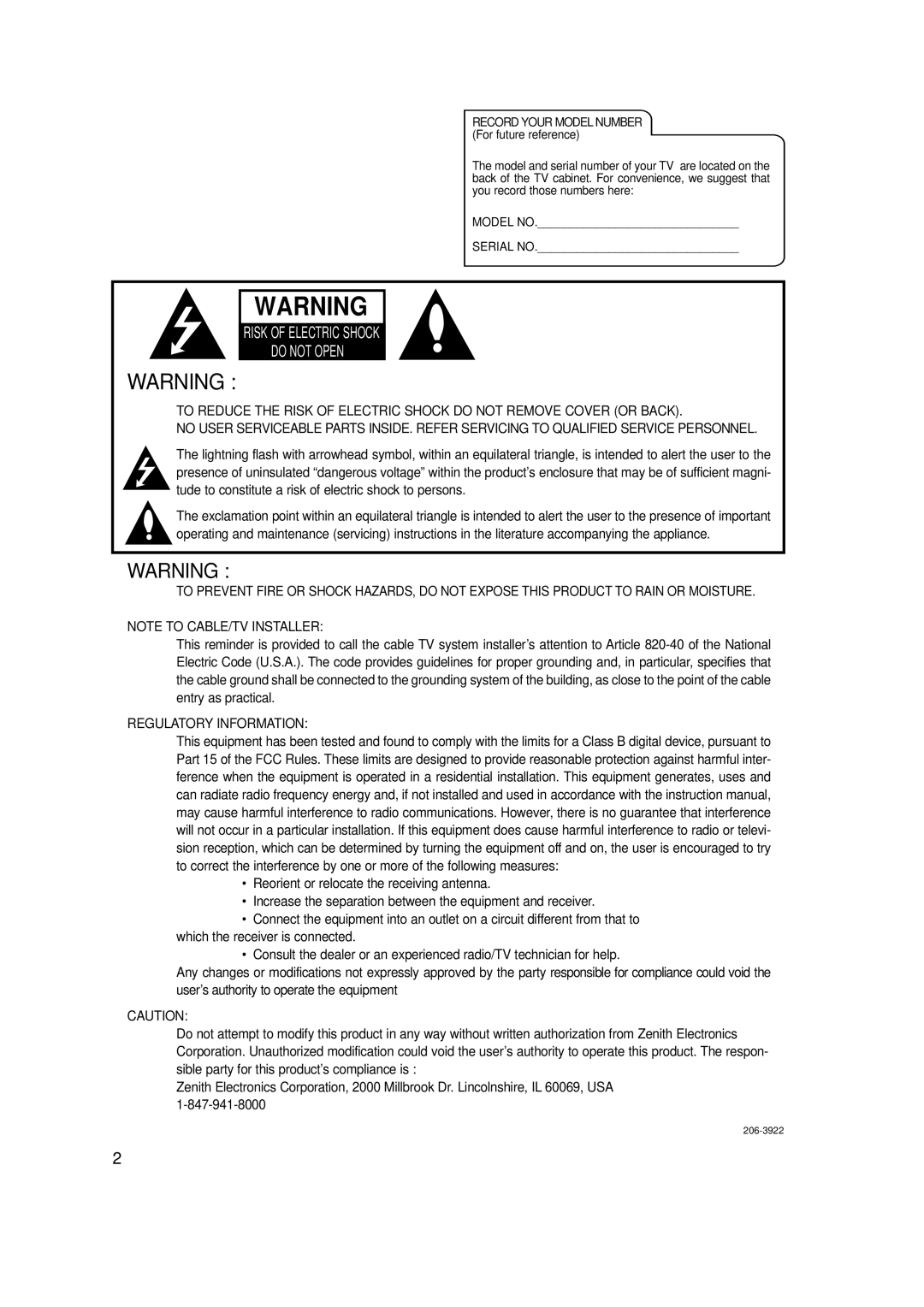 Zenith L15V36, L20V36 warranty Risk of Electric Shock Do not Open 