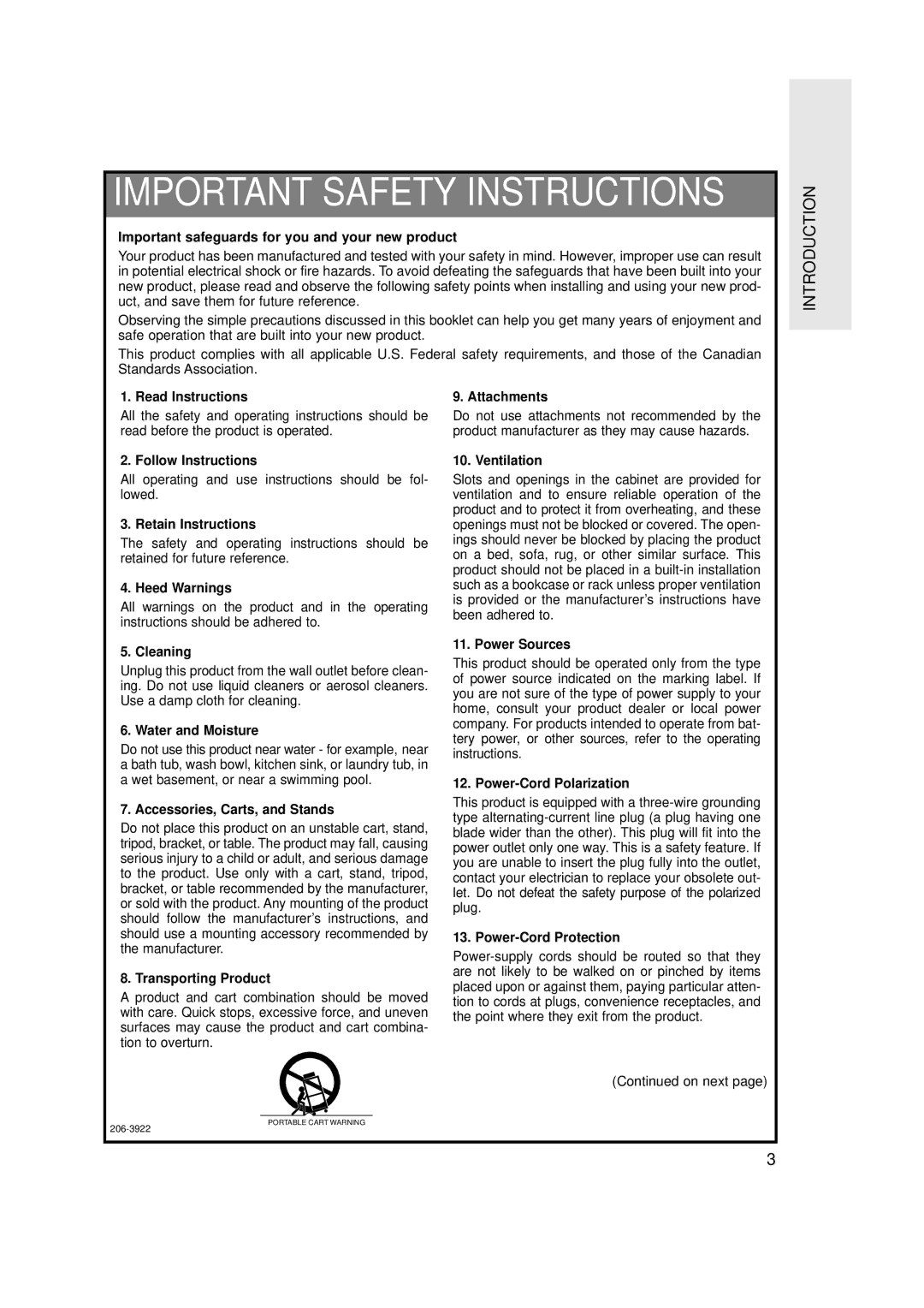 Zenith L20V36, L15V36 warranty Important Safety Instructions 