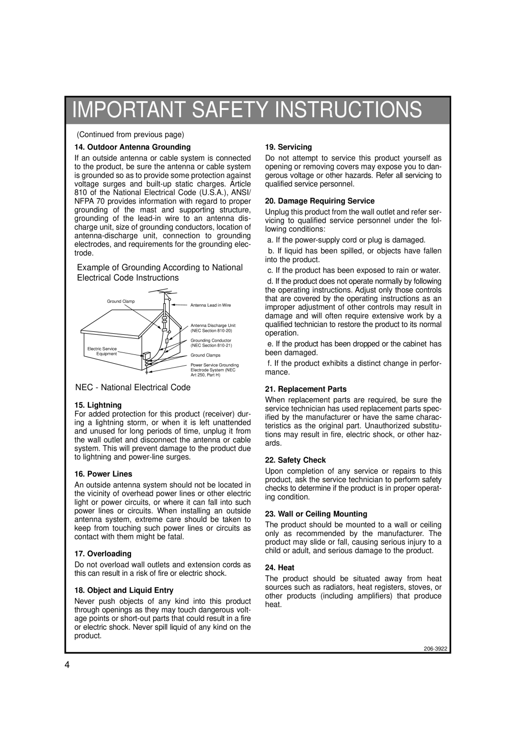 Zenith L15V36, L20V36 warranty NEC National Electrical Code 