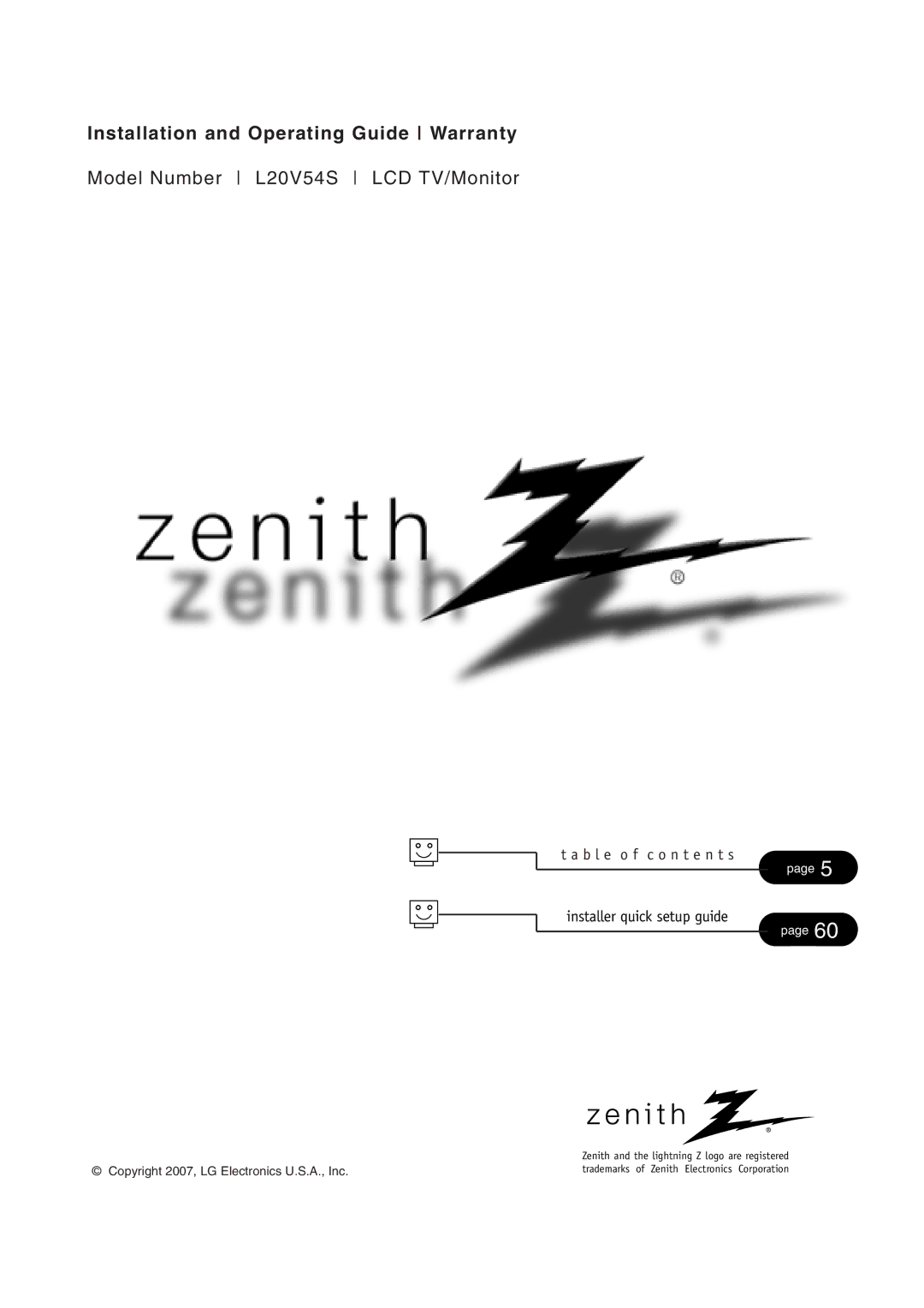 Zenith L20V54S warranty Installation and Operating Guide Warranty, B l e o f c o n t e n t s Installer quick setup guide 