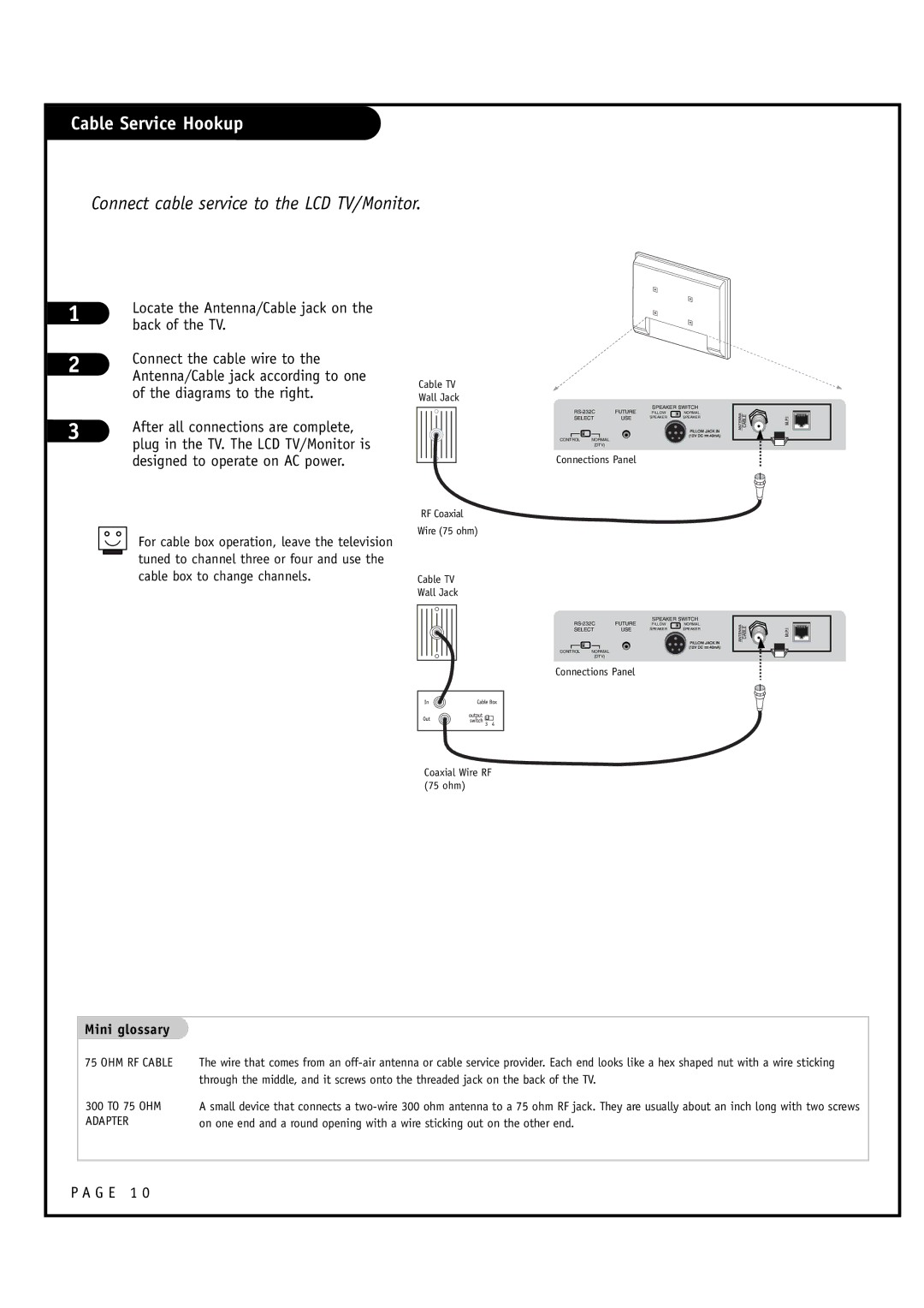 Zenith L20V54S warranty Cable Service Hookup, Connect cable service to the LCD TV/Monitor, G E 1 