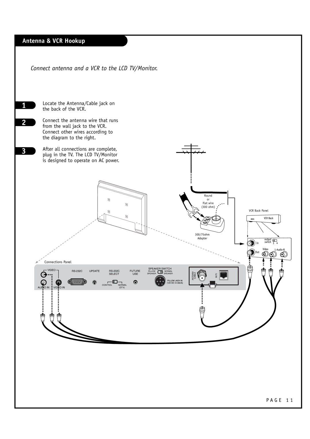 Zenith L20V54S warranty Antenna & VCR Hookup, Connect antenna and a VCR to the LCD TV/Monitor 