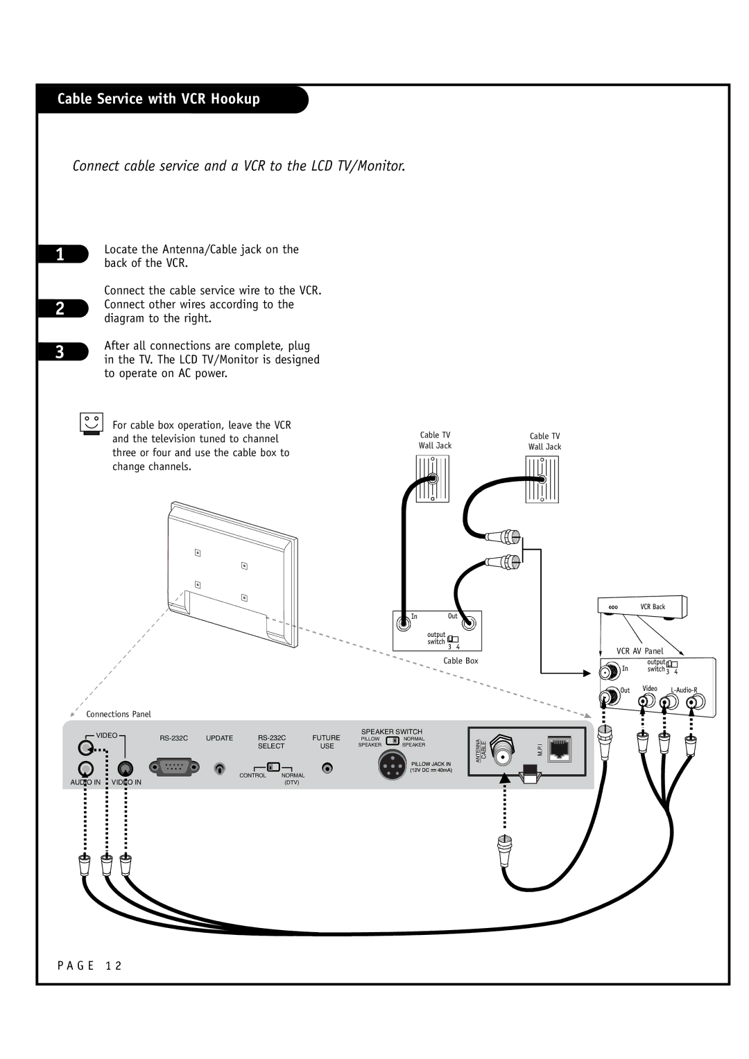 Zenith L20V54S warranty Cable Service with VCR Hookup, Connect cable service and a VCR to the LCD TV/Monitor 