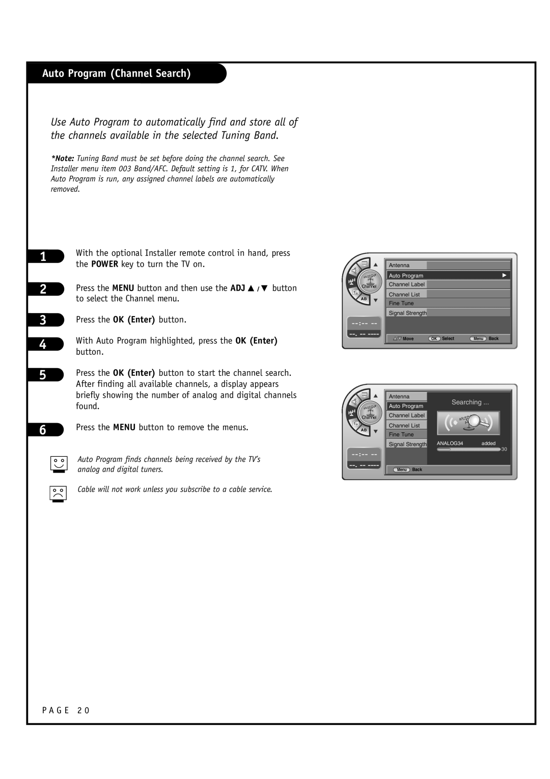 Zenith L20V54S warranty Auto Program Channel Search 