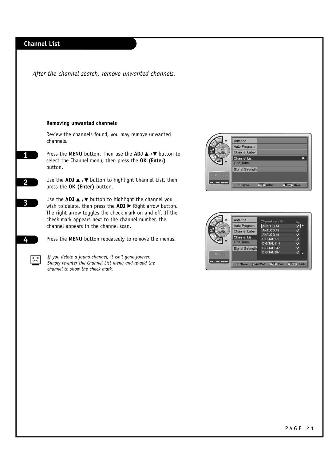 Zenith L20V54S warranty Channel List, After the channel search, remove unwanted channels, Removing unwanted channels 