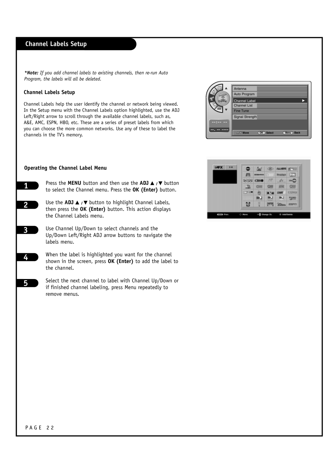 Zenith L20V54S warranty Channel Labels Setup, Operating the Channel Label Menu 