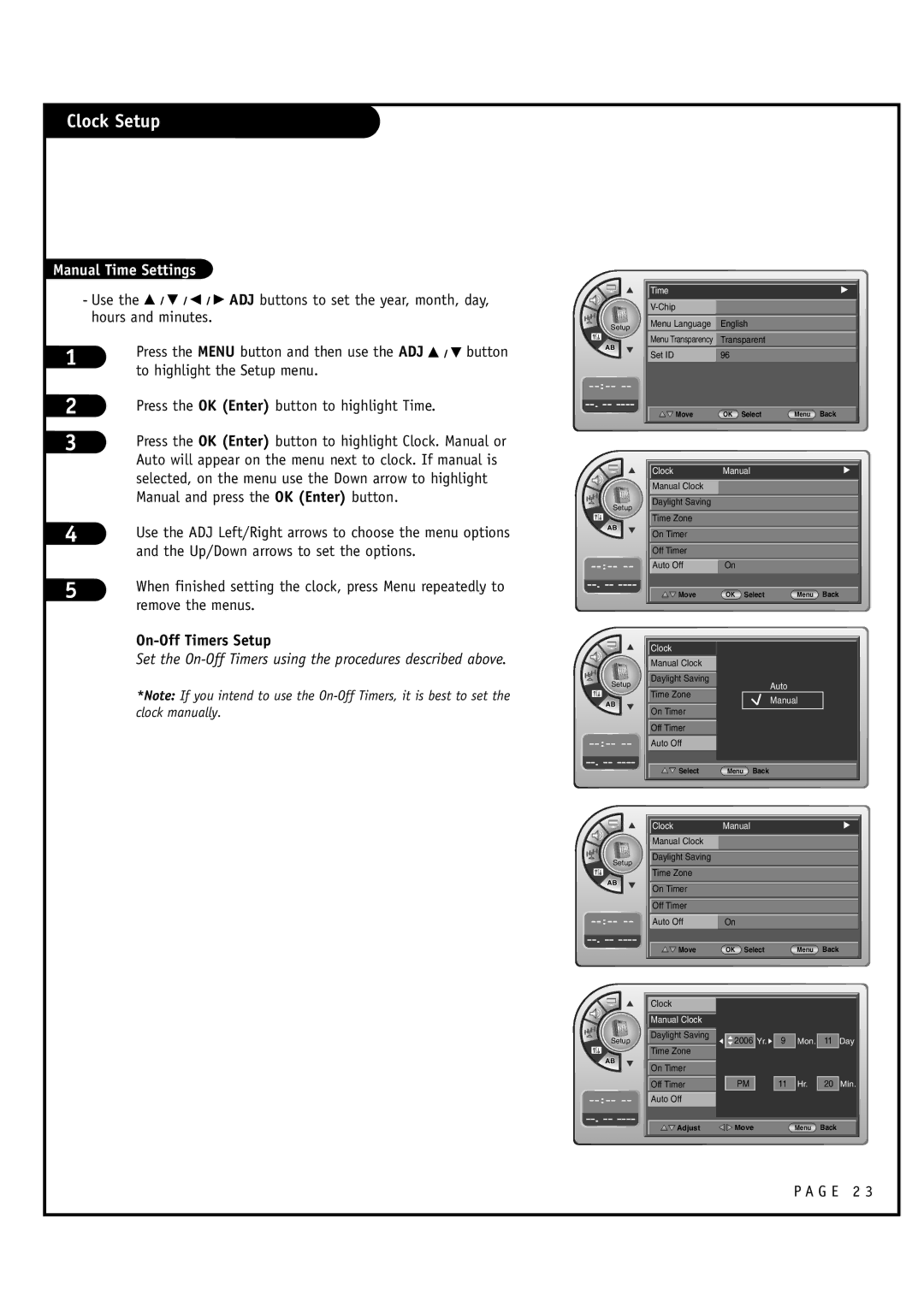 Zenith L20V54S warranty Clock Setup, On-Off Timers Setup 