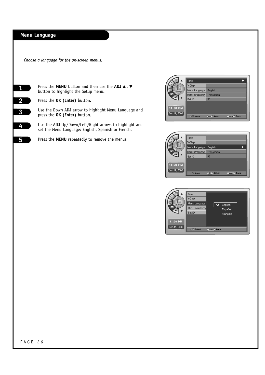 Zenith L20V54S warranty Menu Language, Choose a language for the on-screen menus 