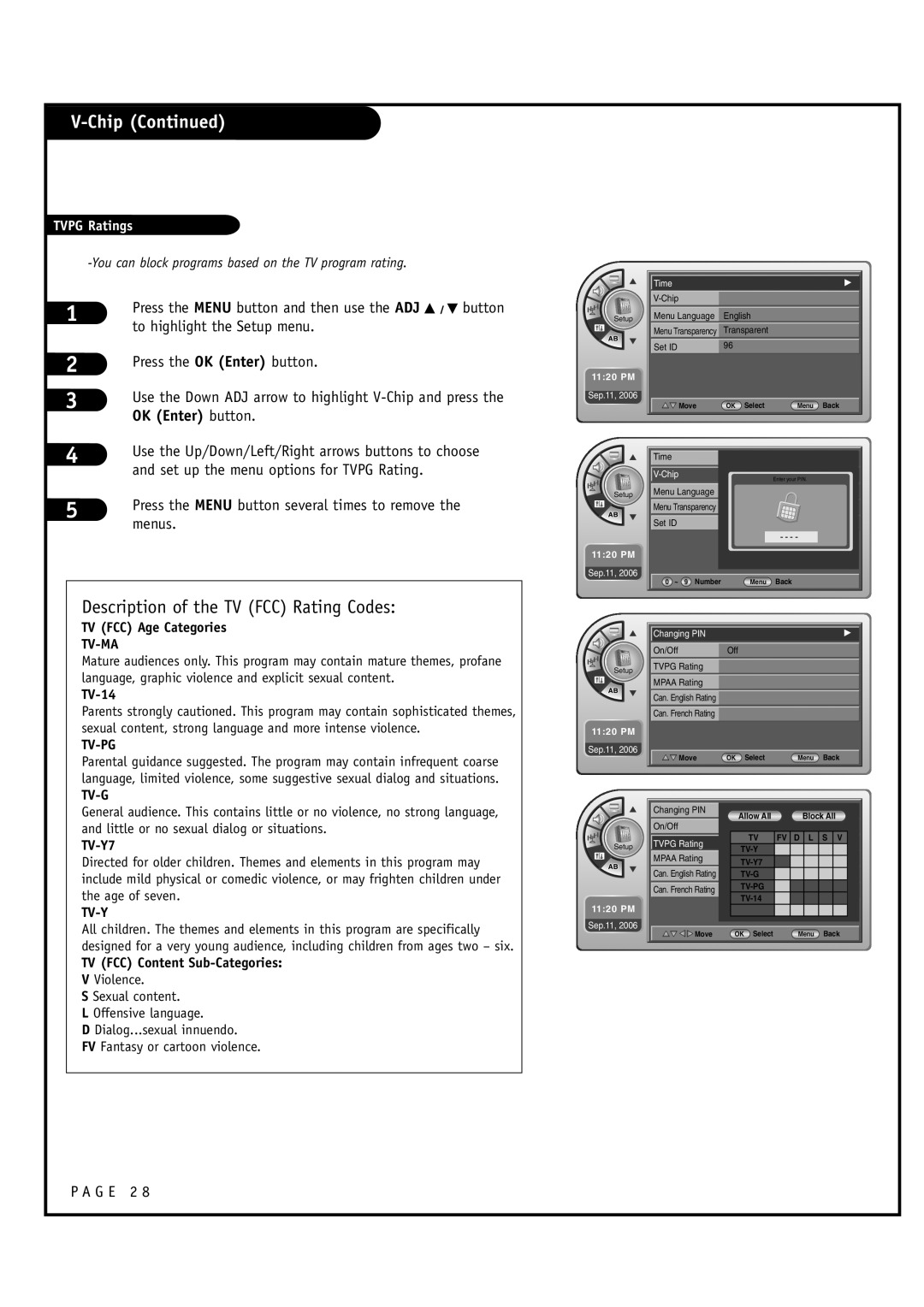 Zenith L20V54S warranty Use the Up/Down/Left/Right arrows buttons to choose, Set up the menu options for Tvpg Rating 