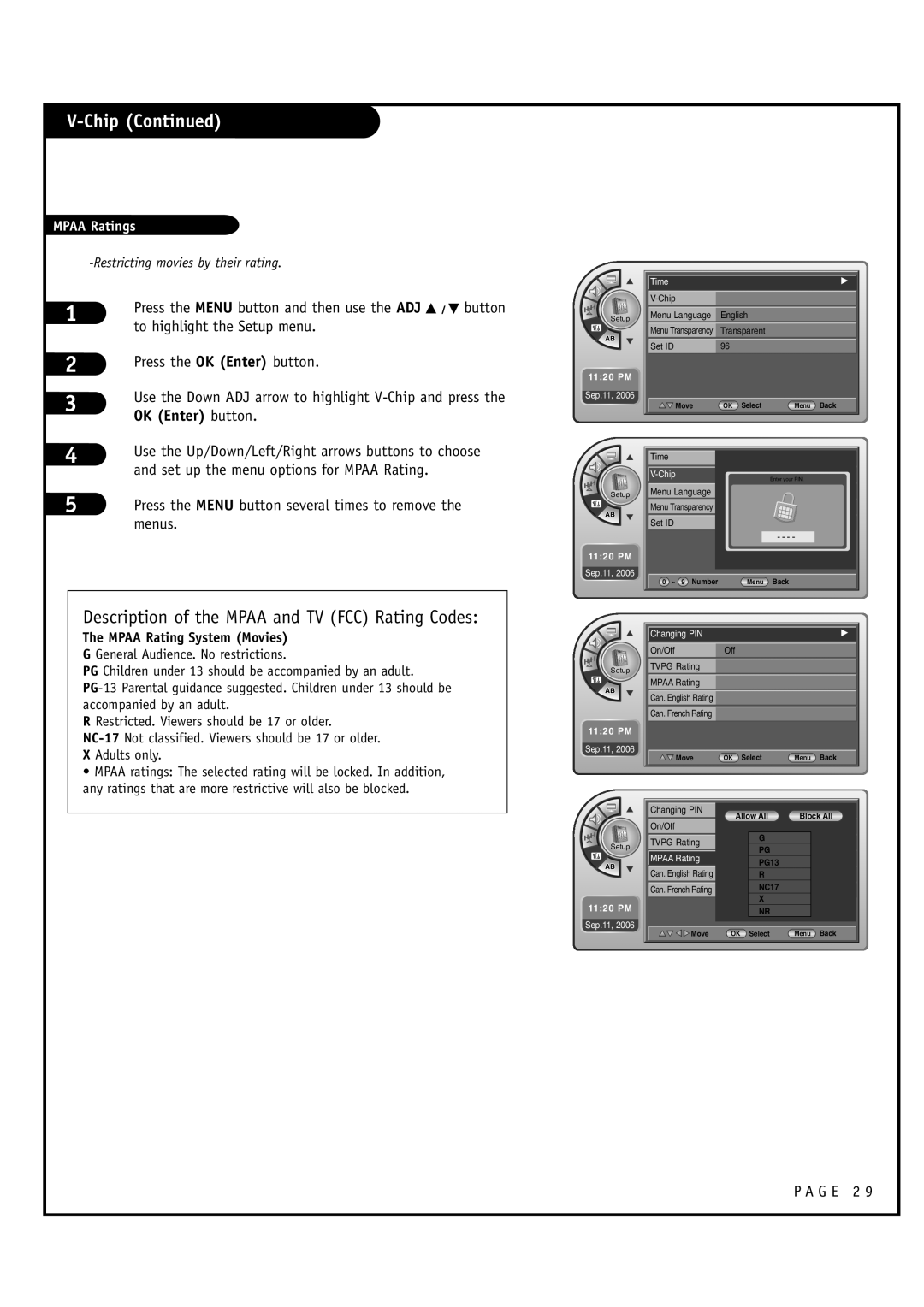 Zenith L20V54S To highlight the Setup menu, Press the OK Enter button, Use the Up/Down/Left/Right arrows buttons to choose 