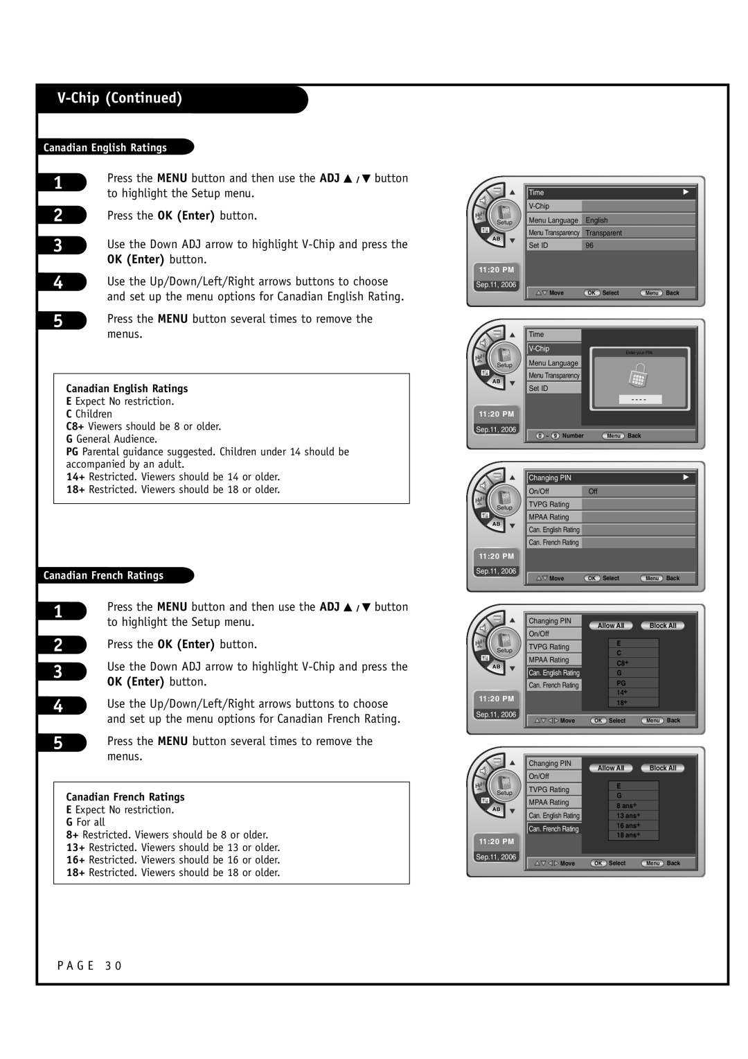 Zenith L20V54S warranty G E 3, Set up the menu options for Canadian English Rating, Canadian English Ratings 