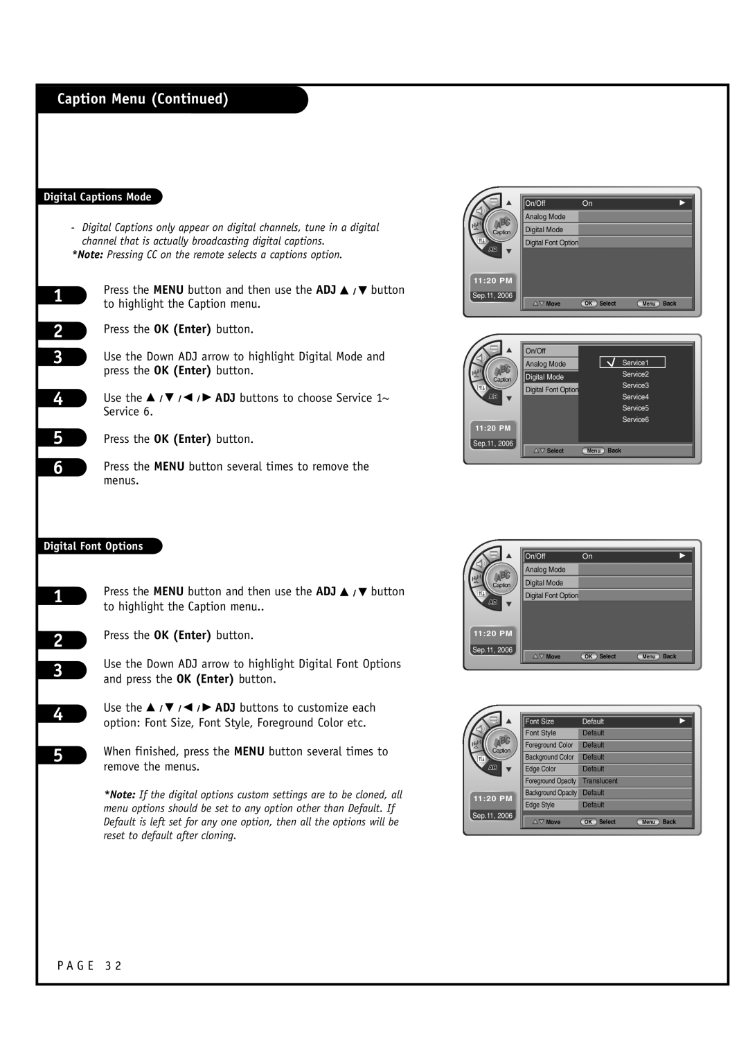 Zenith L20V54S warranty To highlight the Caption menu, Service, Use the D / E / F / G ADJ buttons to customize each 