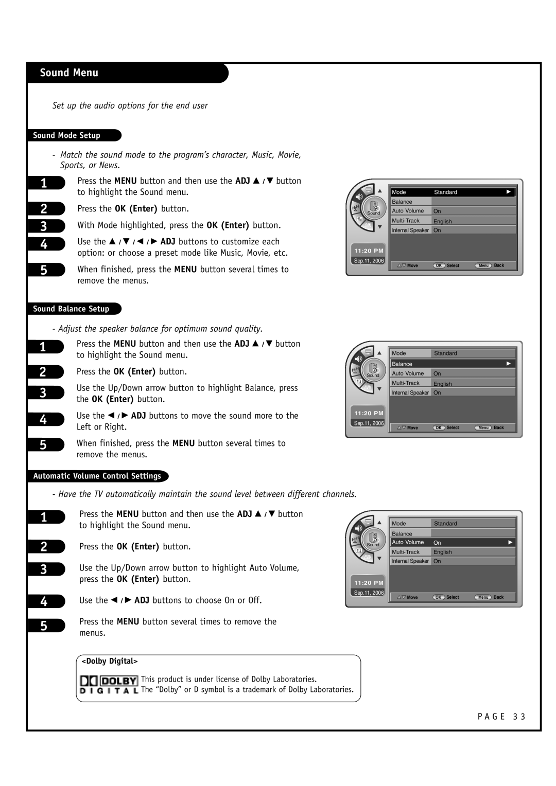 Zenith L20V54S Sound Menu, Set up the audio options for the end user, Adjust the speaker balance for optimum sound quality 