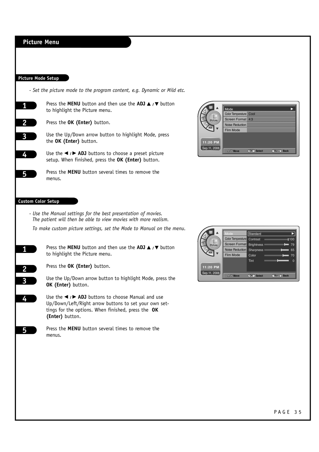 Zenith L20V54S warranty Picture Menu, Use the F / G ADJ buttons to choose Manual and use 