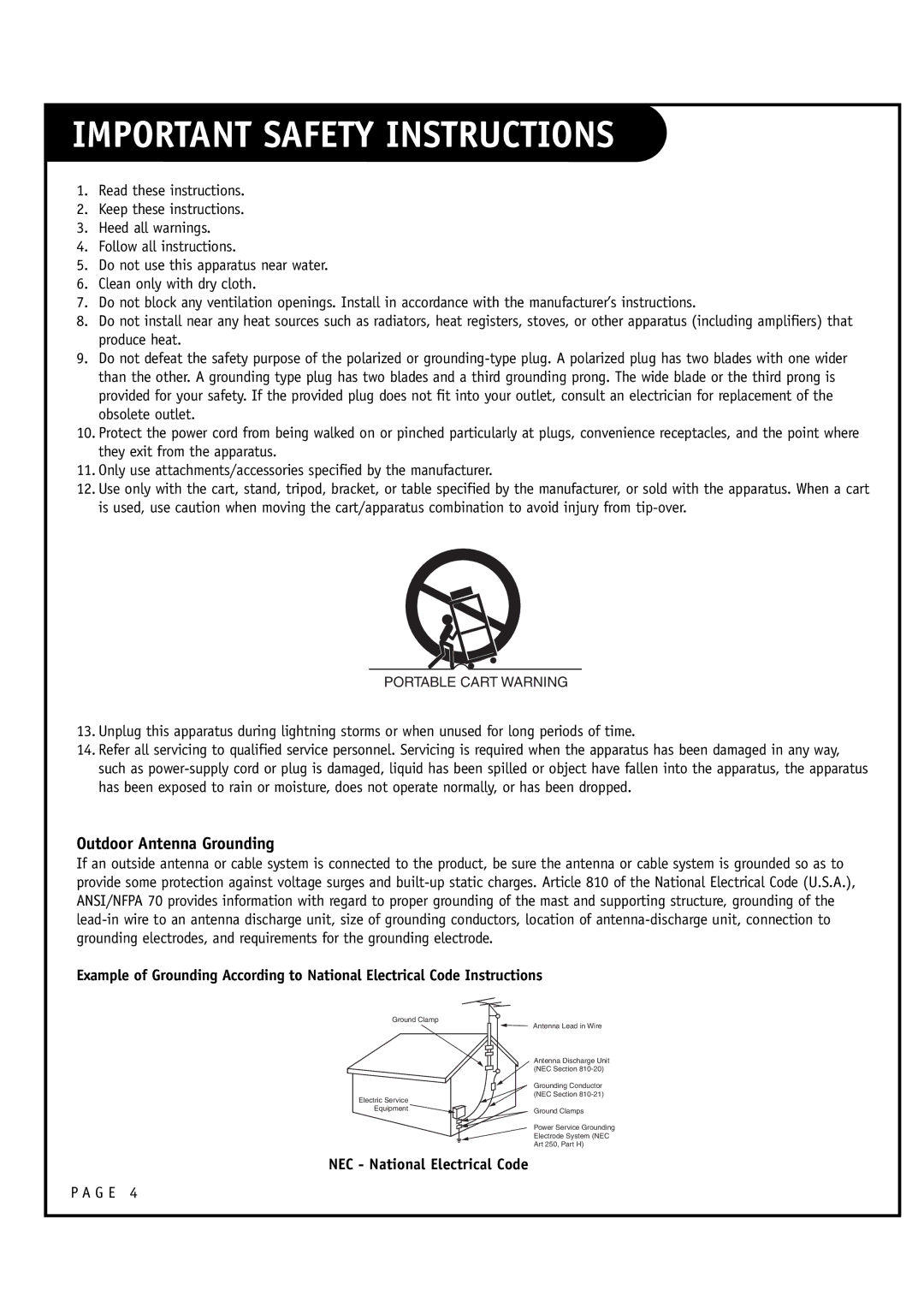 Zenith L20V54S warranty Important Safety Instructions, NEC National Electrical Code 