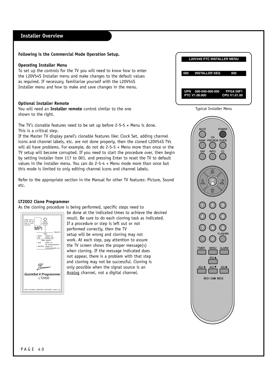 Zenith L20V54S warranty Typical Installer Menu 