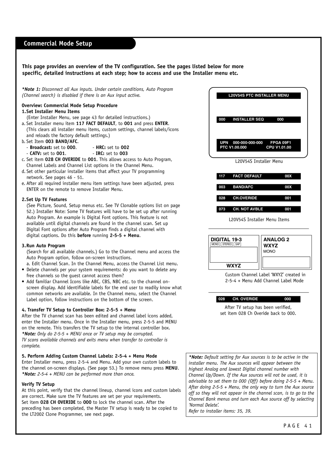 Zenith L20V54S warranty Commercial Mode Setup, G E 4 