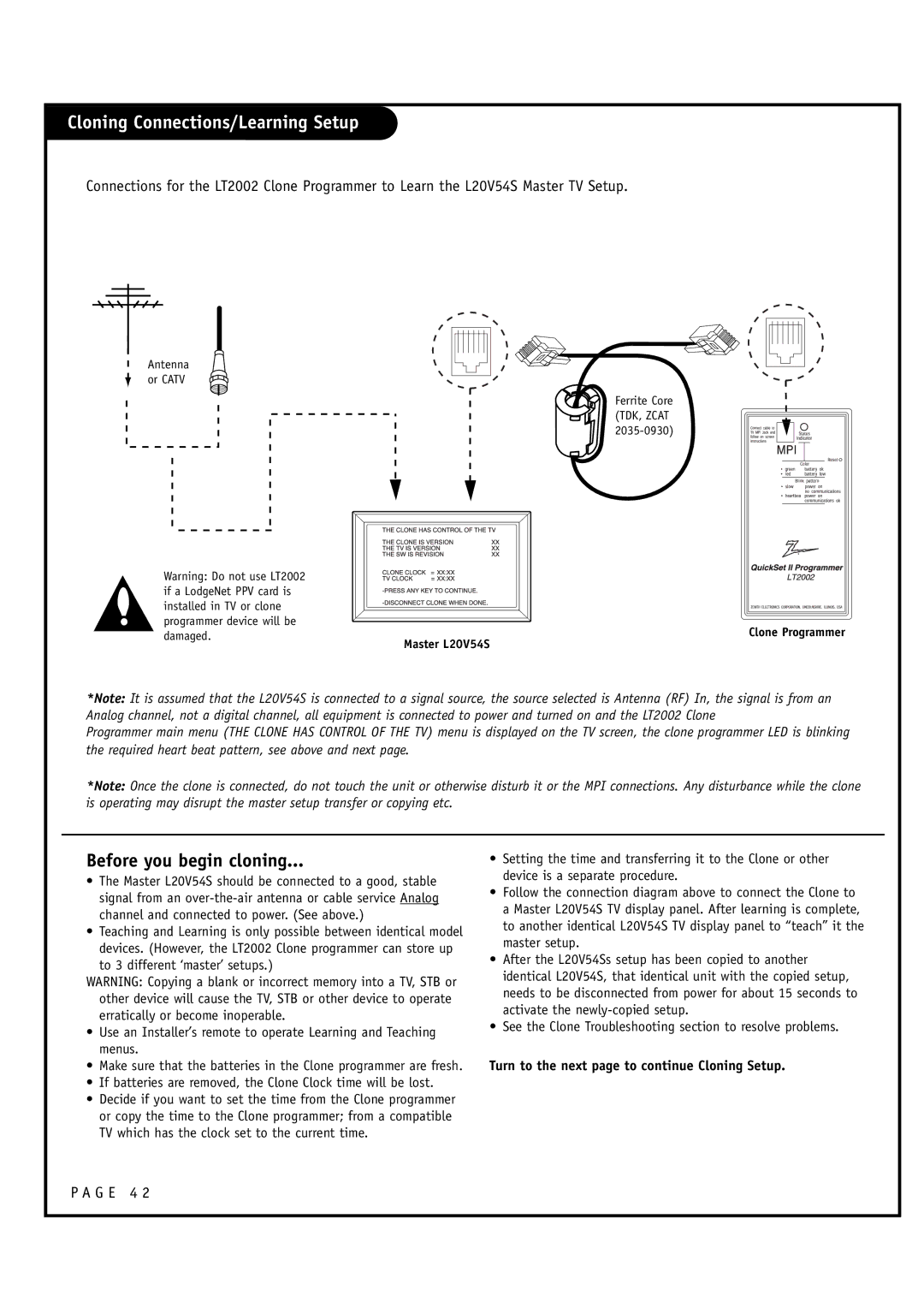 Zenith L20V54S warranty Cloning Connections/Learning Setup, If batteries are removed, the Clone Clock time will be lost 