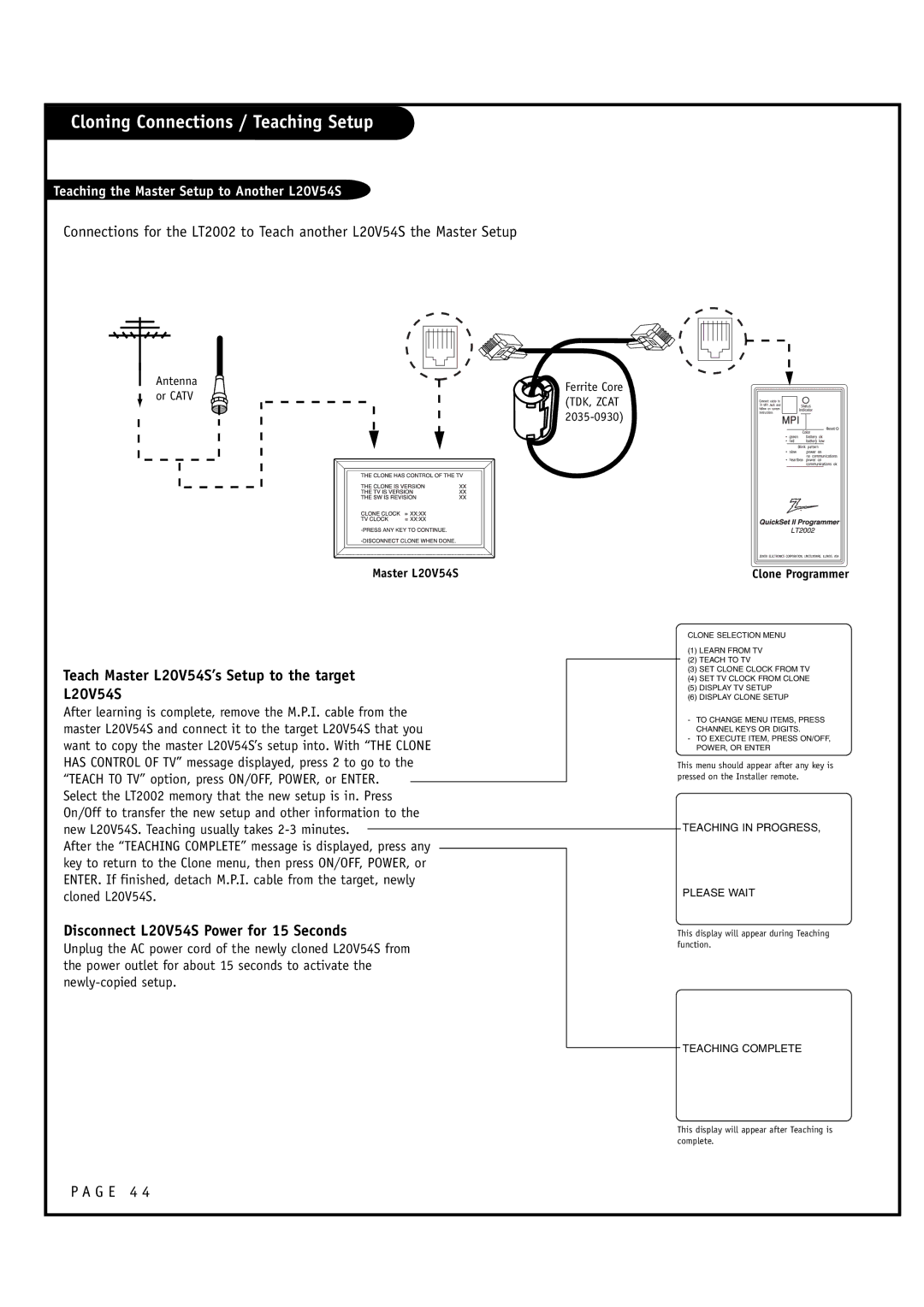 Zenith warranty Cloning Connections / Teaching Setup, Teach Master L20V54S’s Setup to the target 