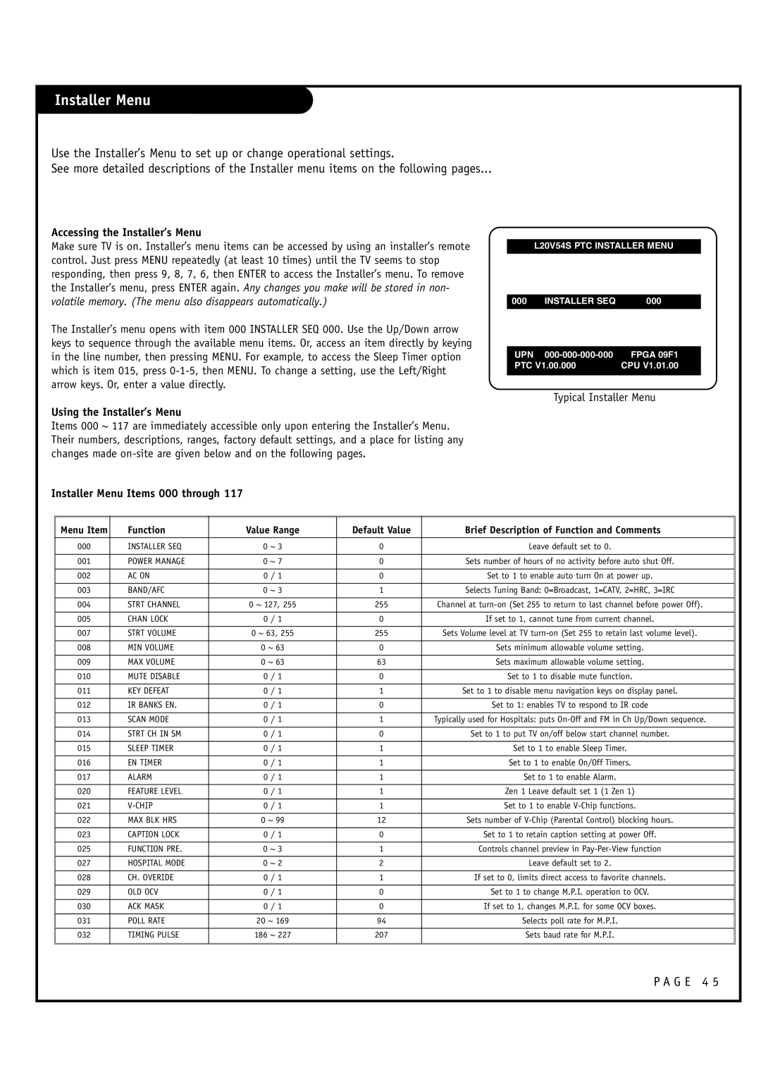 Zenith L20V54S warranty Installer Menu, Accessing the Installer’s Menu, Using the Installer’s Menu 